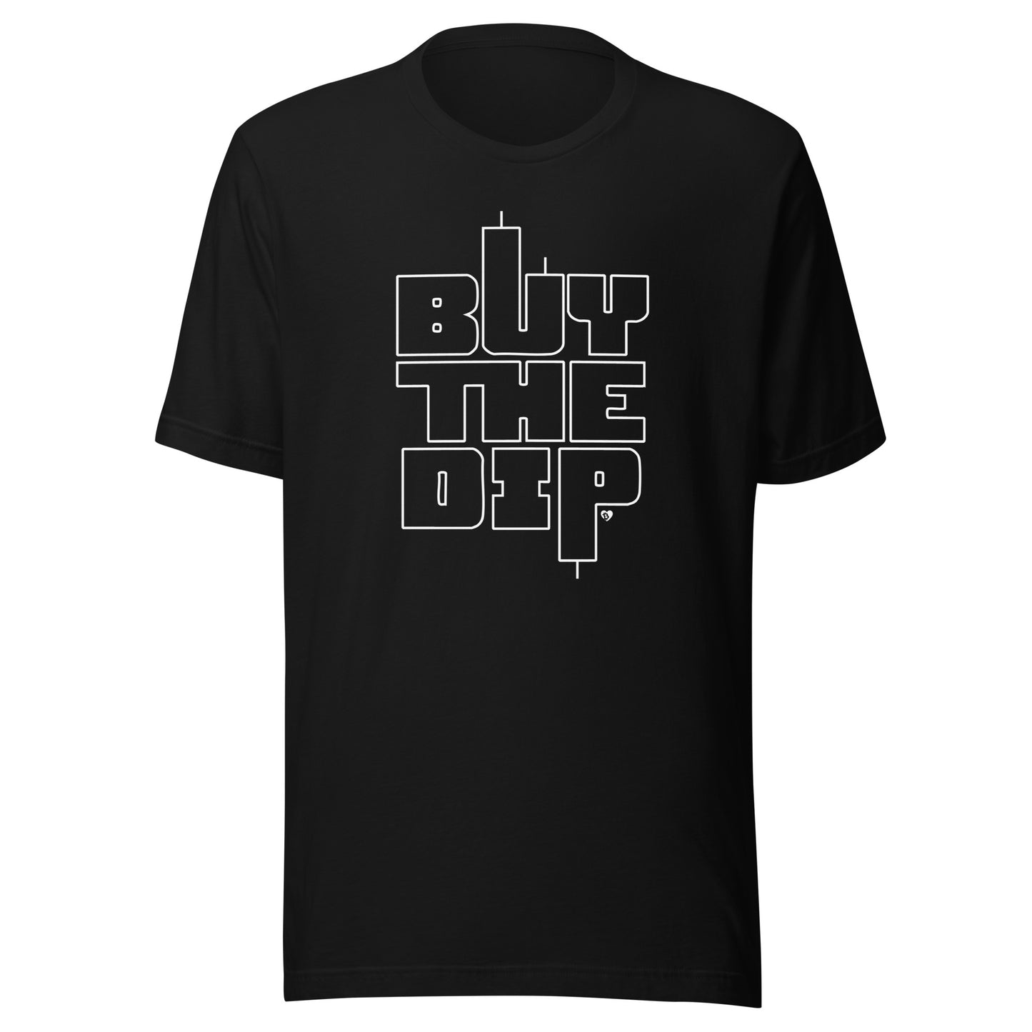 Black t-shirt with 'BUY THE DIP' text on a white background