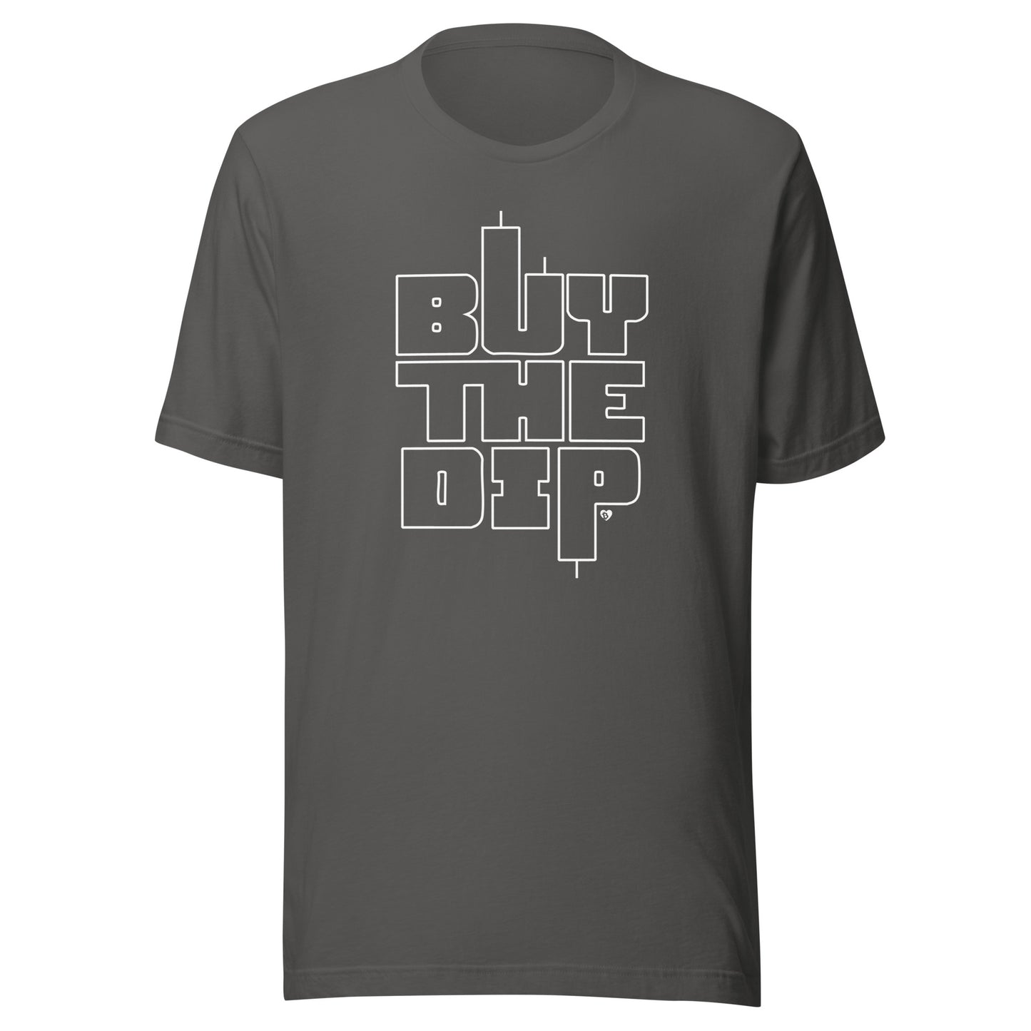 Gray t-shirt with 'BUY THE DiP' text on a white background
