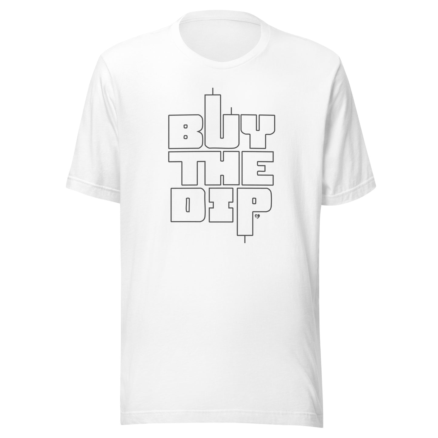 White t-shirt with black text 'BUY THE DiP' on a white background