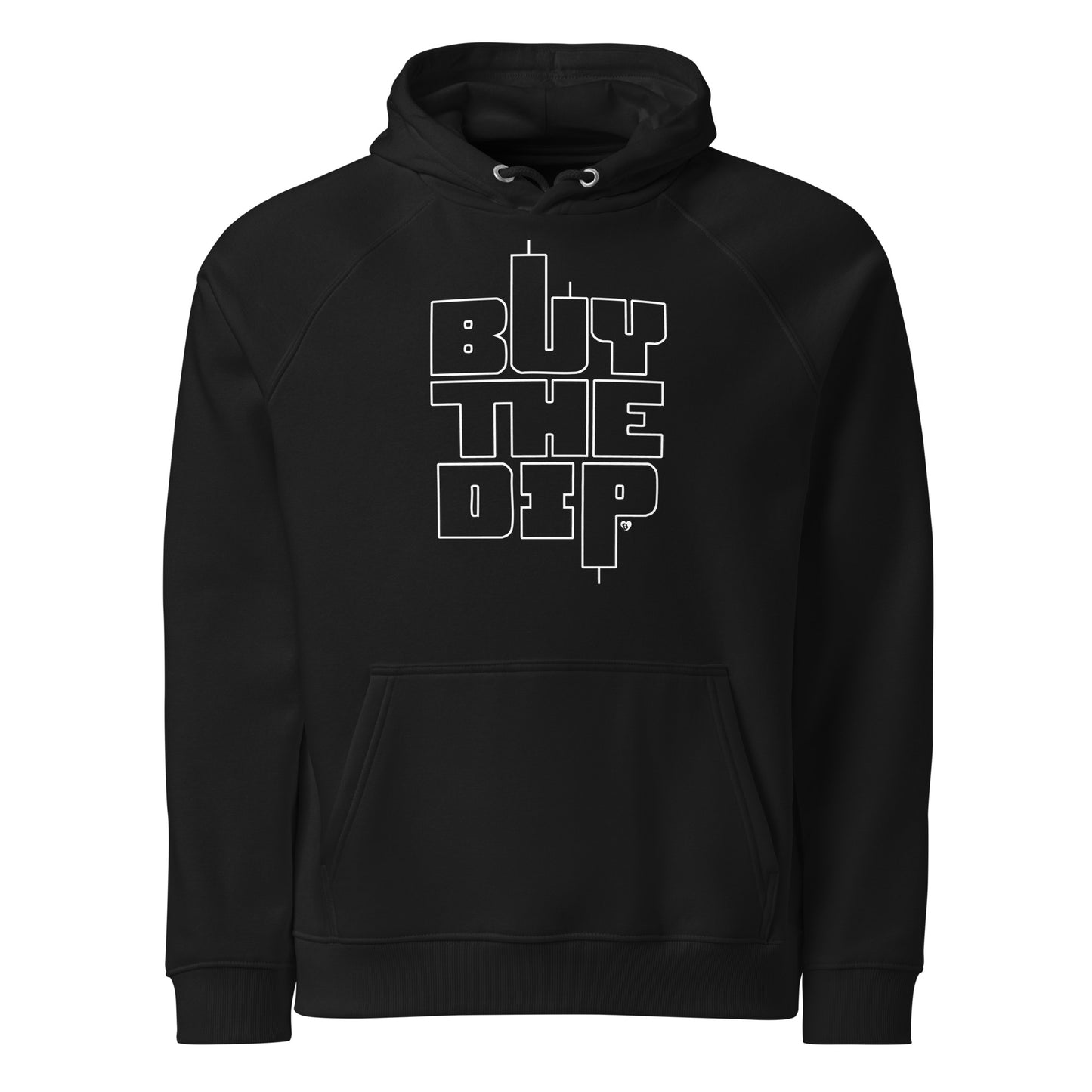 Black hoodie with 'BUY THE DIP' text on a white background