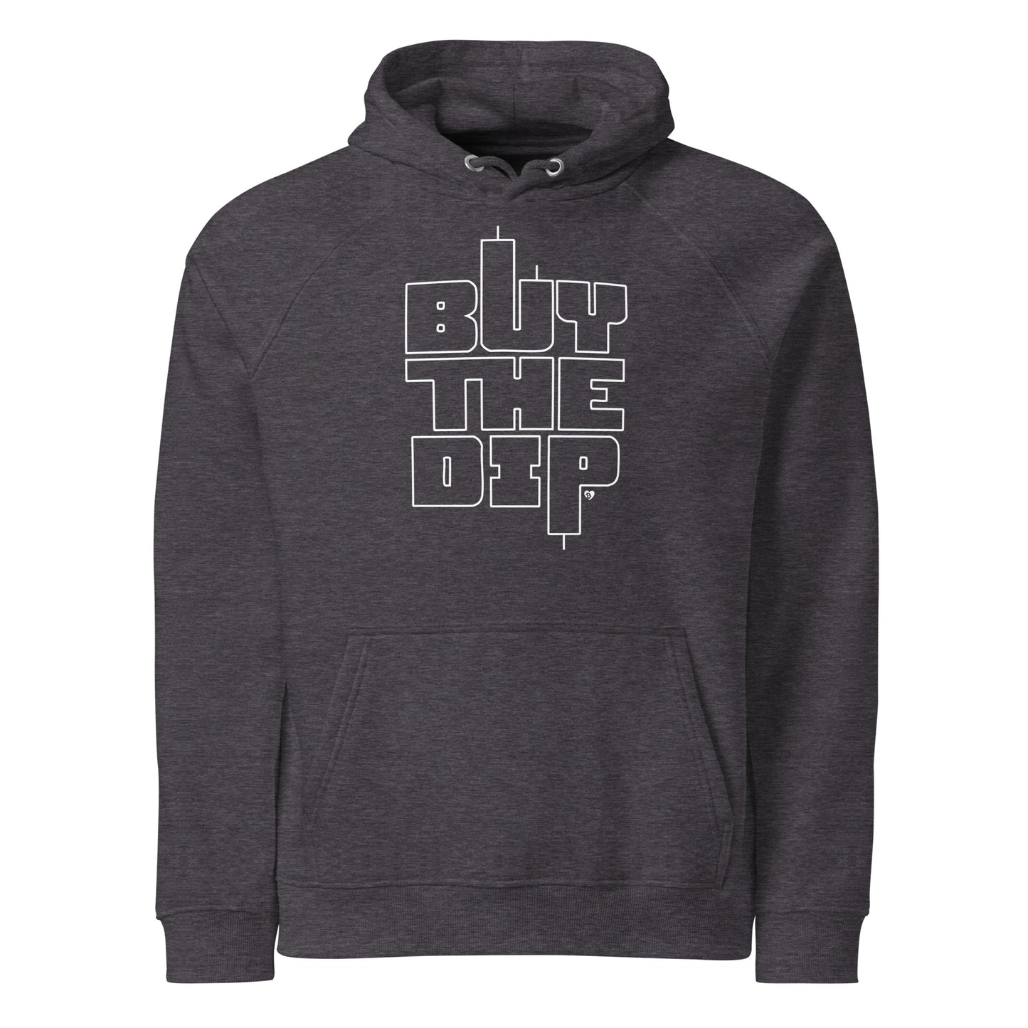Dark gray hoodie with 'BUY THE DIP' text on a white background
