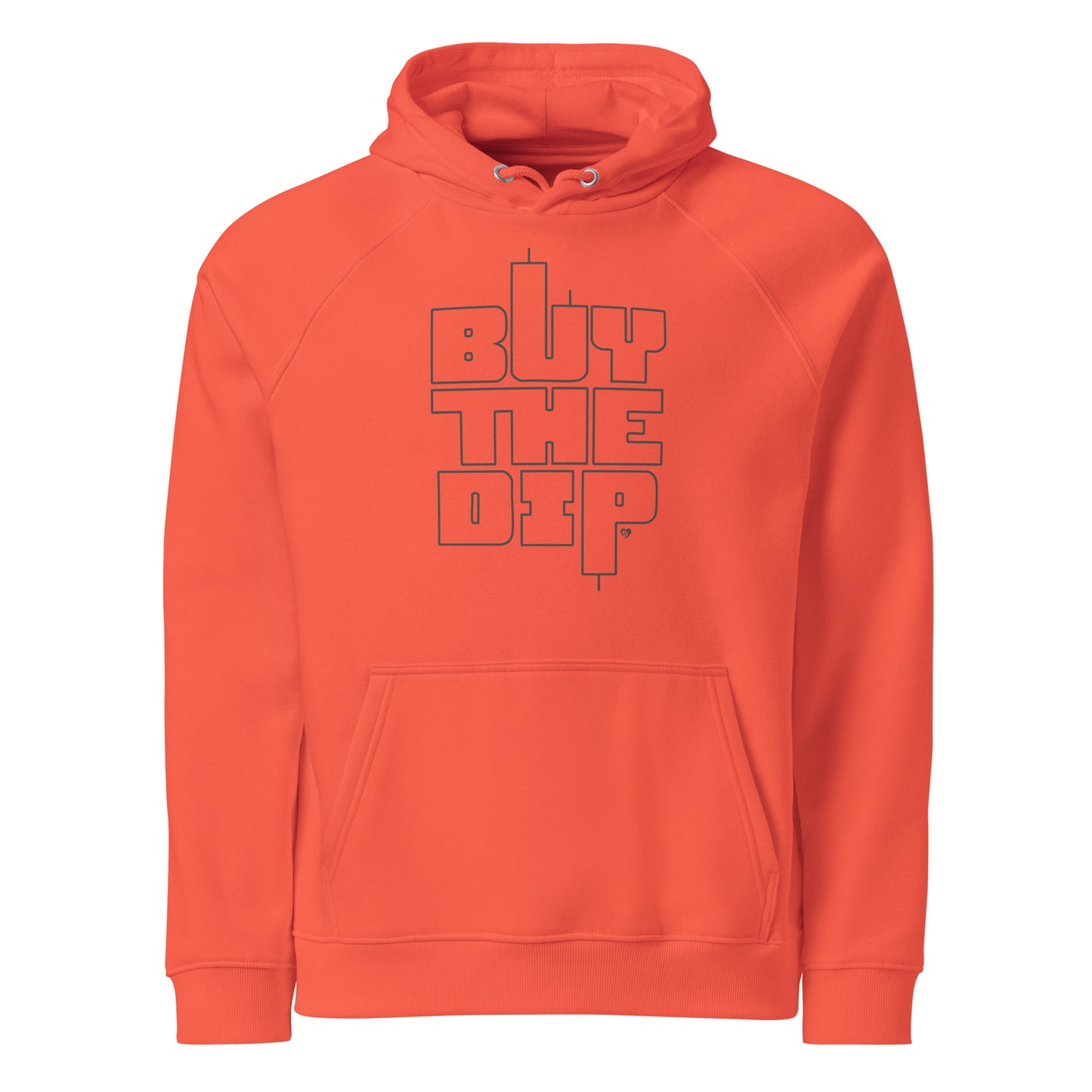 Orange hoodie with 'BUY THE DIP' text on a white background