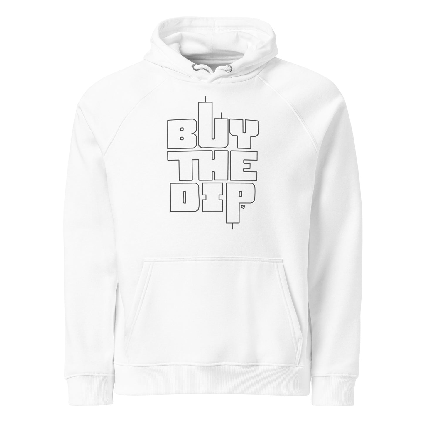White hoodie with 'BUY THE DIP' text on a white background