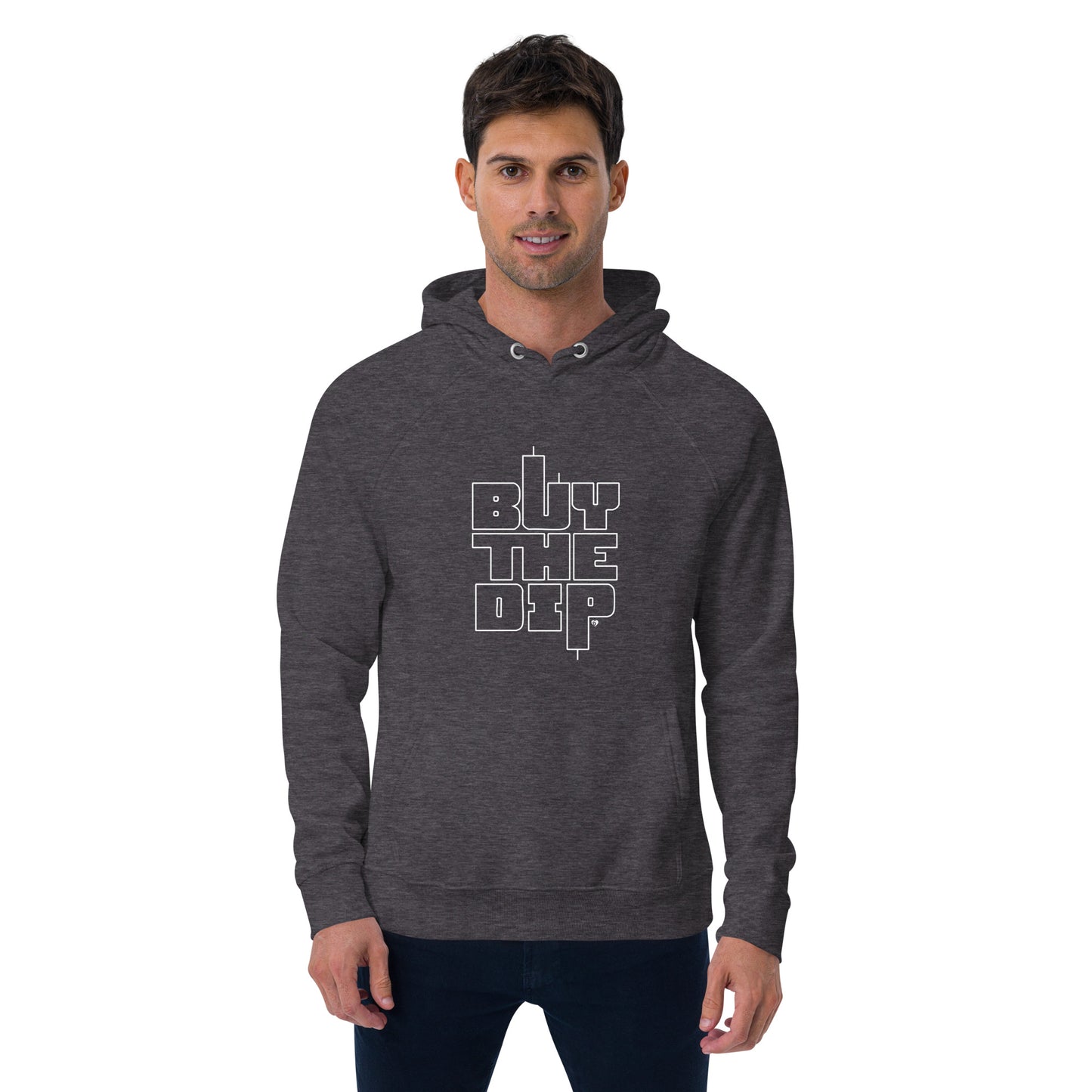 Man wearing a dark gray hoodie with 'BUY THE DIP' text on a white background