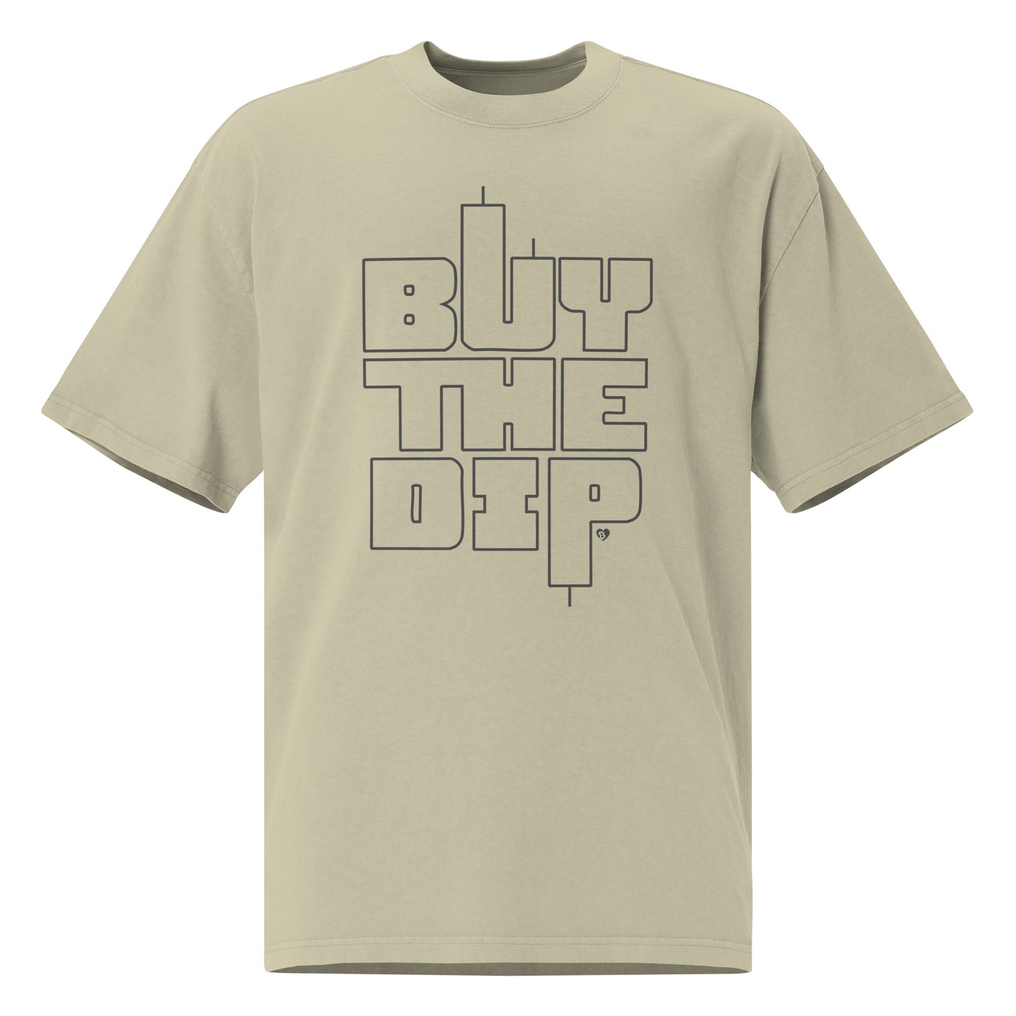 Beige t-shirt with 'BUY THE DiP' text on a white background