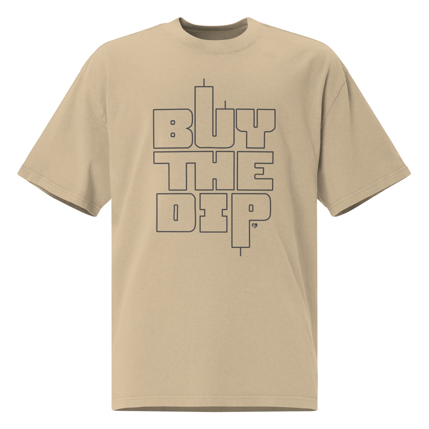 Beige t-shirt with 'BUY THE DiP' text on a white background