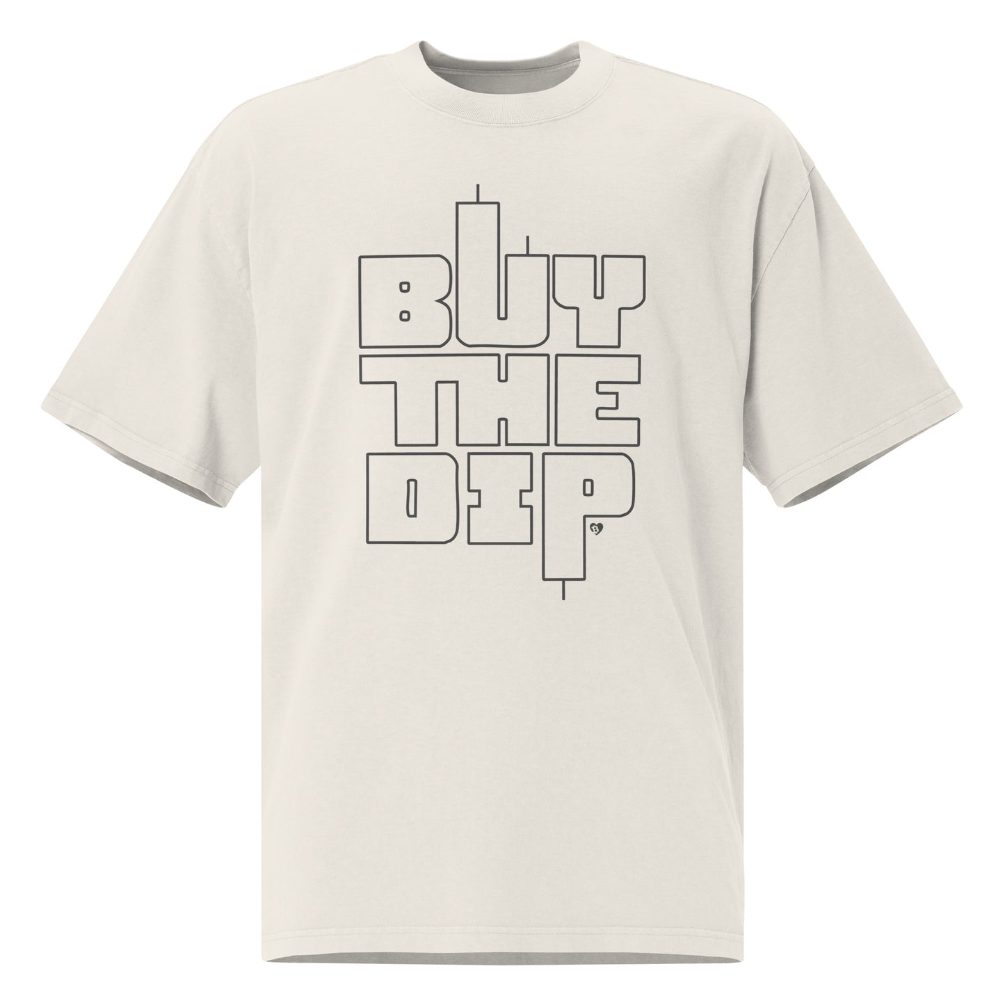 Beige t-shirt with 'BUY THE DiP' text on a white background
