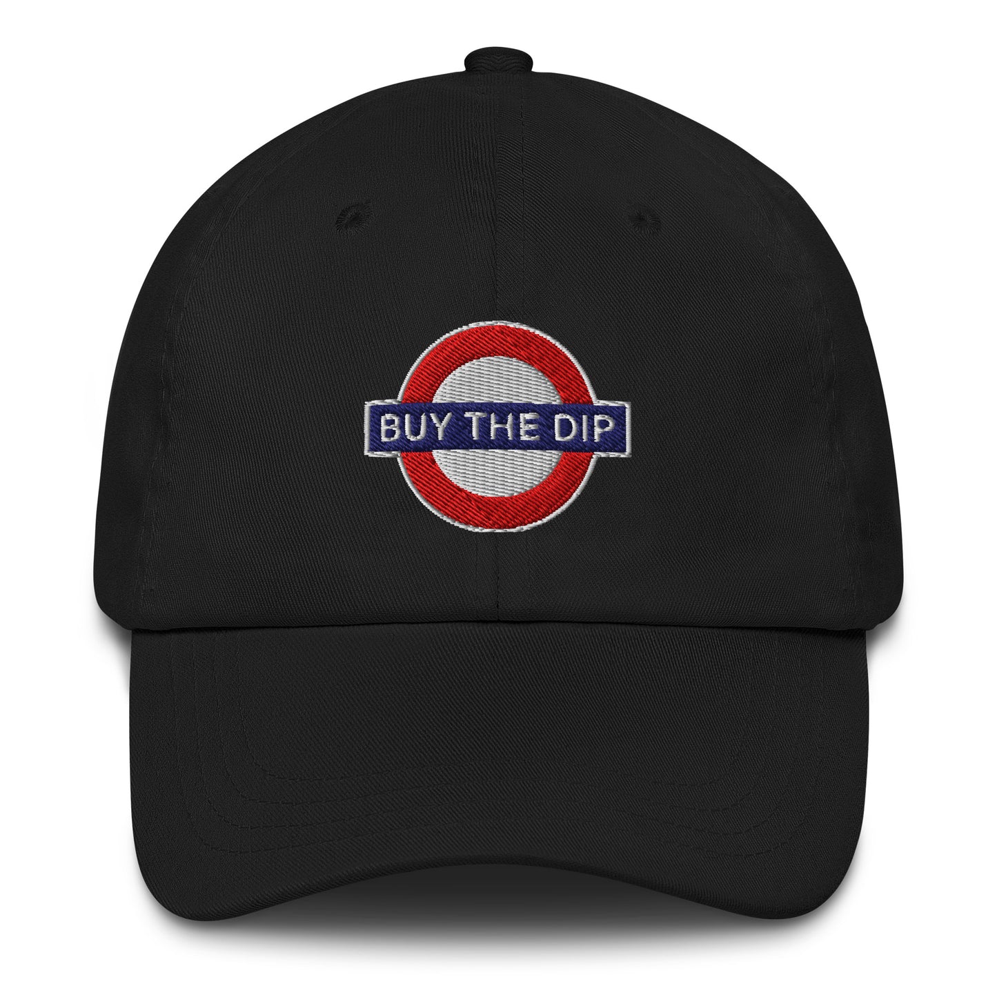 Black cap with 'Buy The Dip' logo on a white background