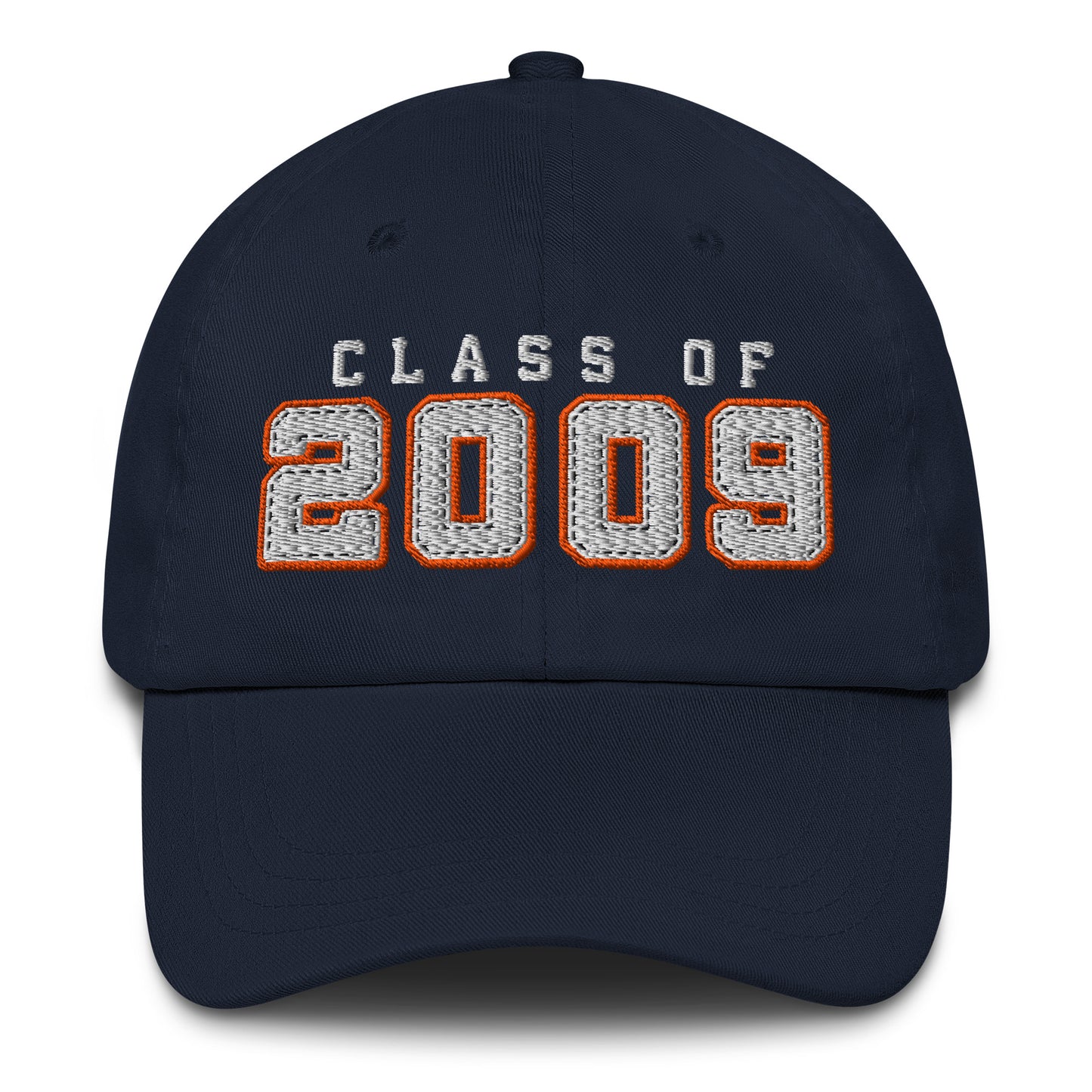 Navy blue cap with 'Class of 2009' text on a white background