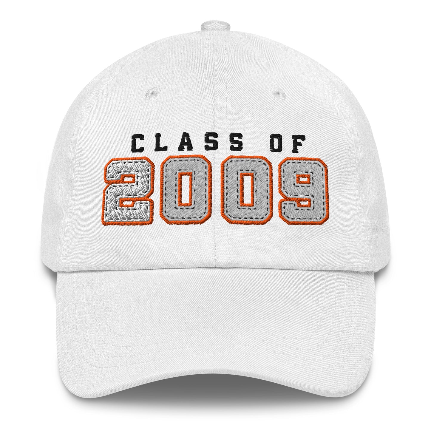 White cap with 'Class of 2009' text on a white background