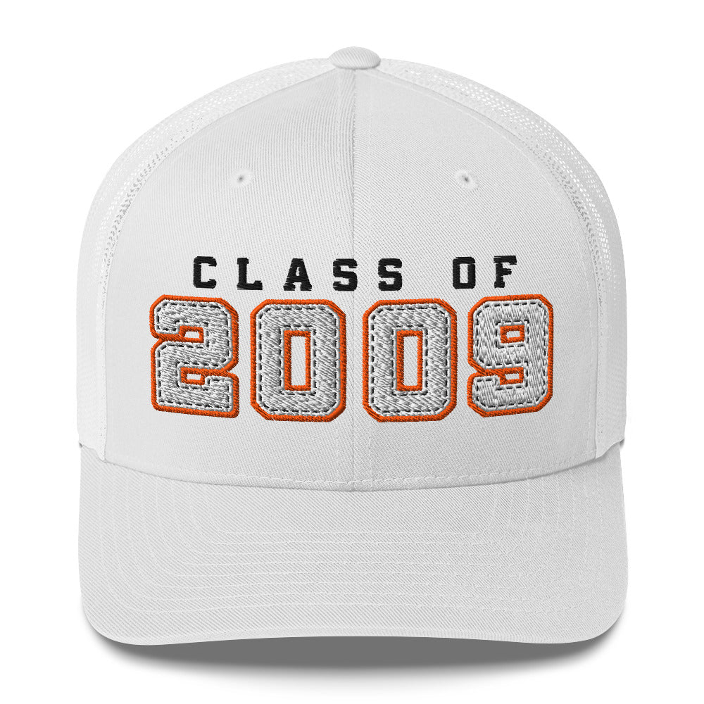 White cap with 'Class of 2009' text on a white background