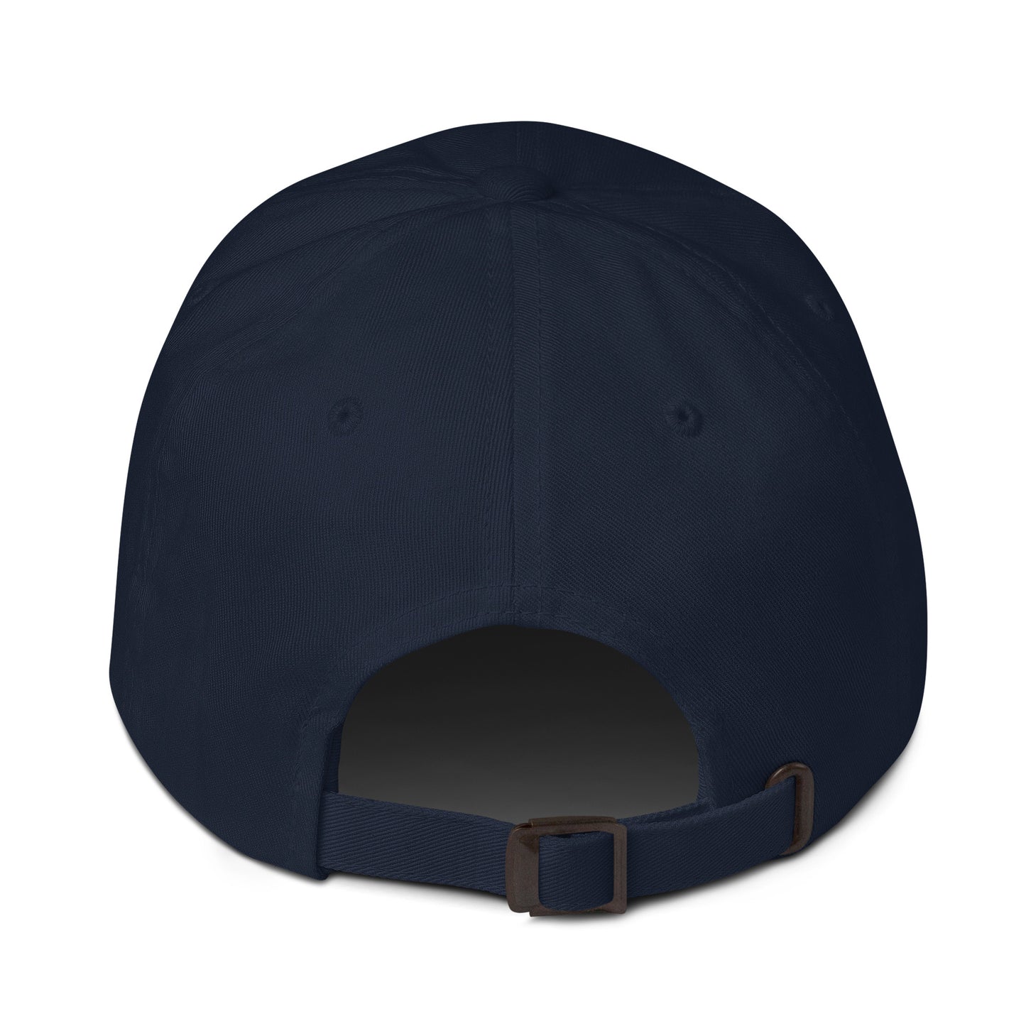 Navy blue cap with a brown buckle on a white background