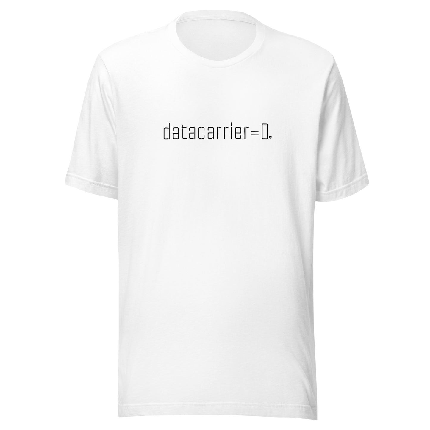 White t-shirt with text 'datacarrier=0.' on a white background