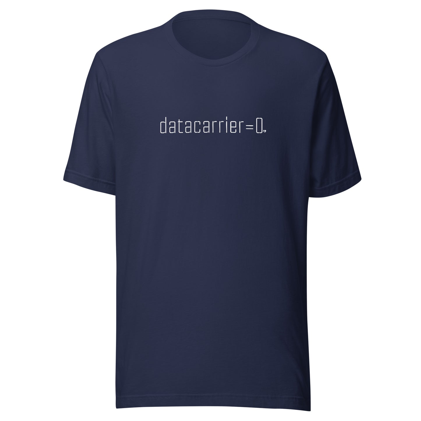 Navy blue t-shirt with white datacarrier=0 text on a white background