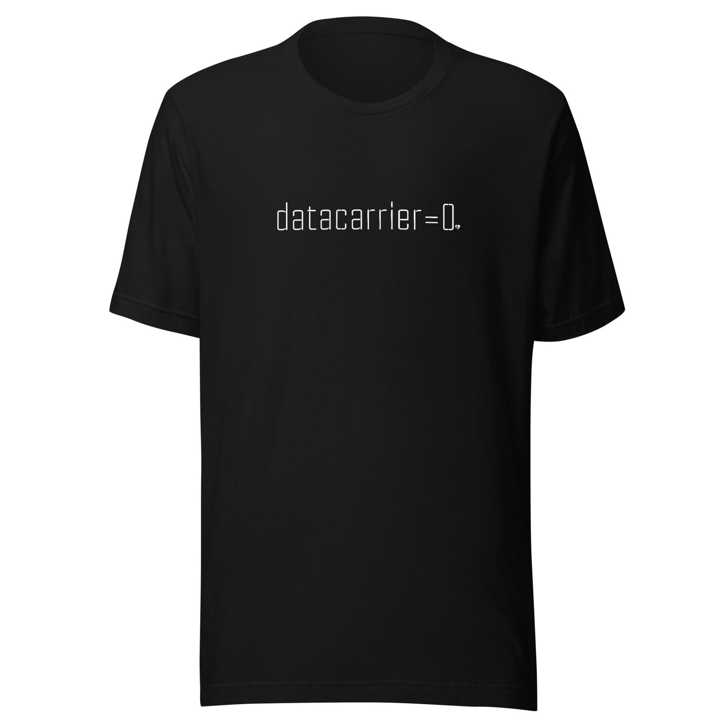 Black t-shirt with white text 'datacarrier=0.' on a white background