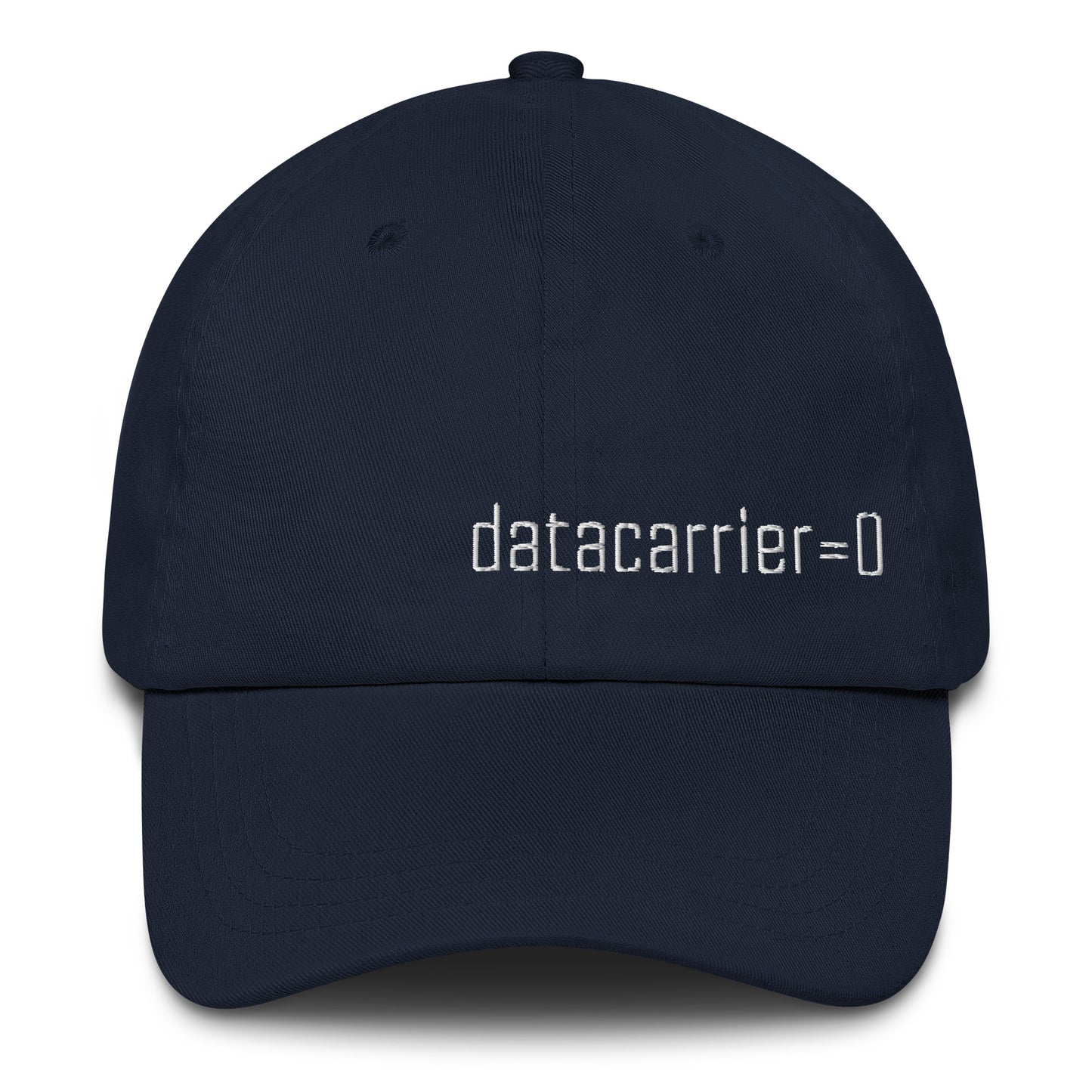 Navy blue cap with 'datacarrier=0' text on a white background