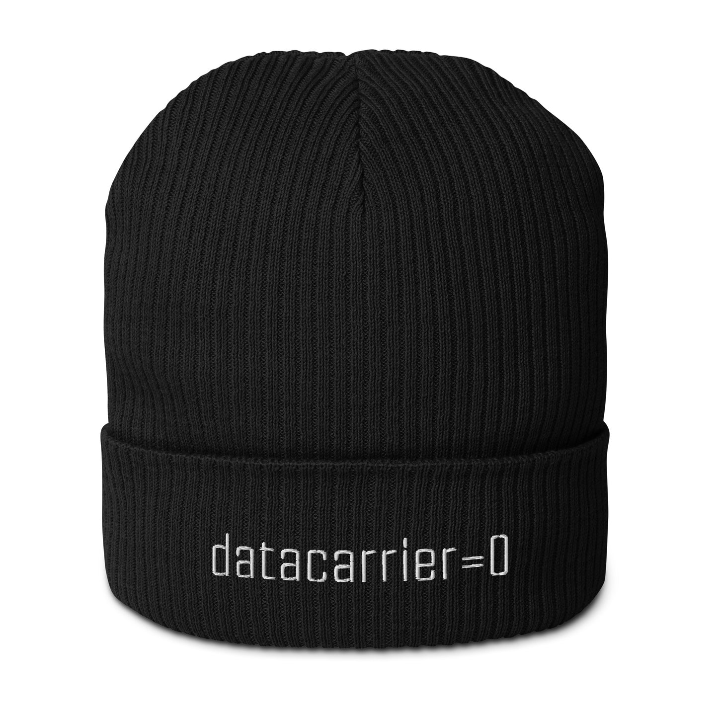Black beanie with 'datacarrier=0' text on a white background