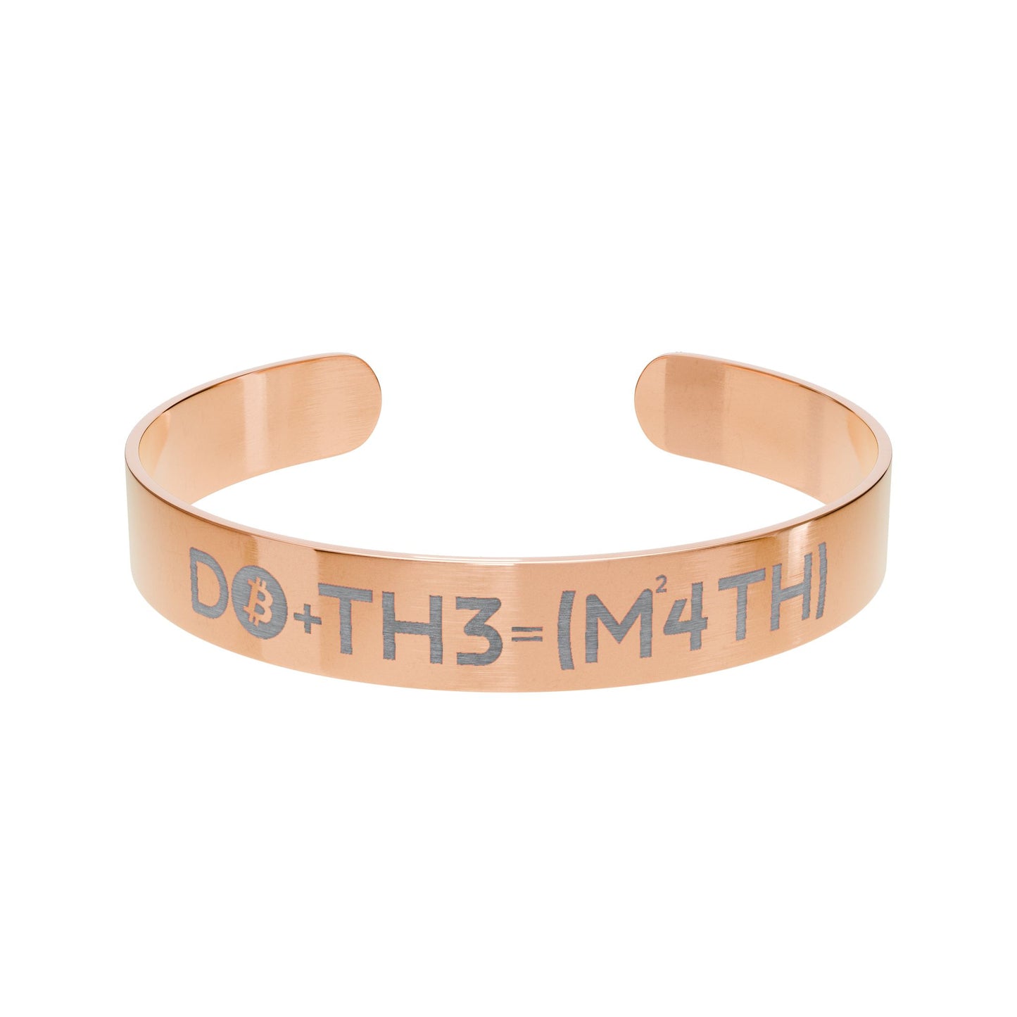 Rose gold bracelet with Bitcoin-themed 'do the math' engraving on a white background