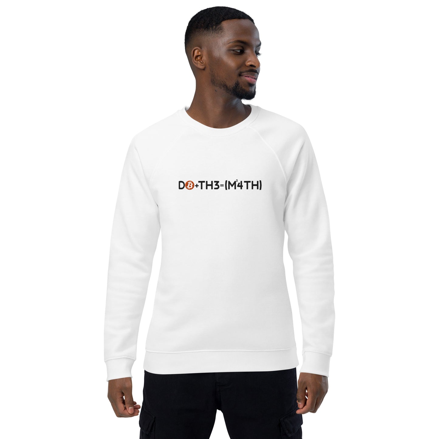 Man wearing a white sweatshirt with do the math bitcoin text on a white background