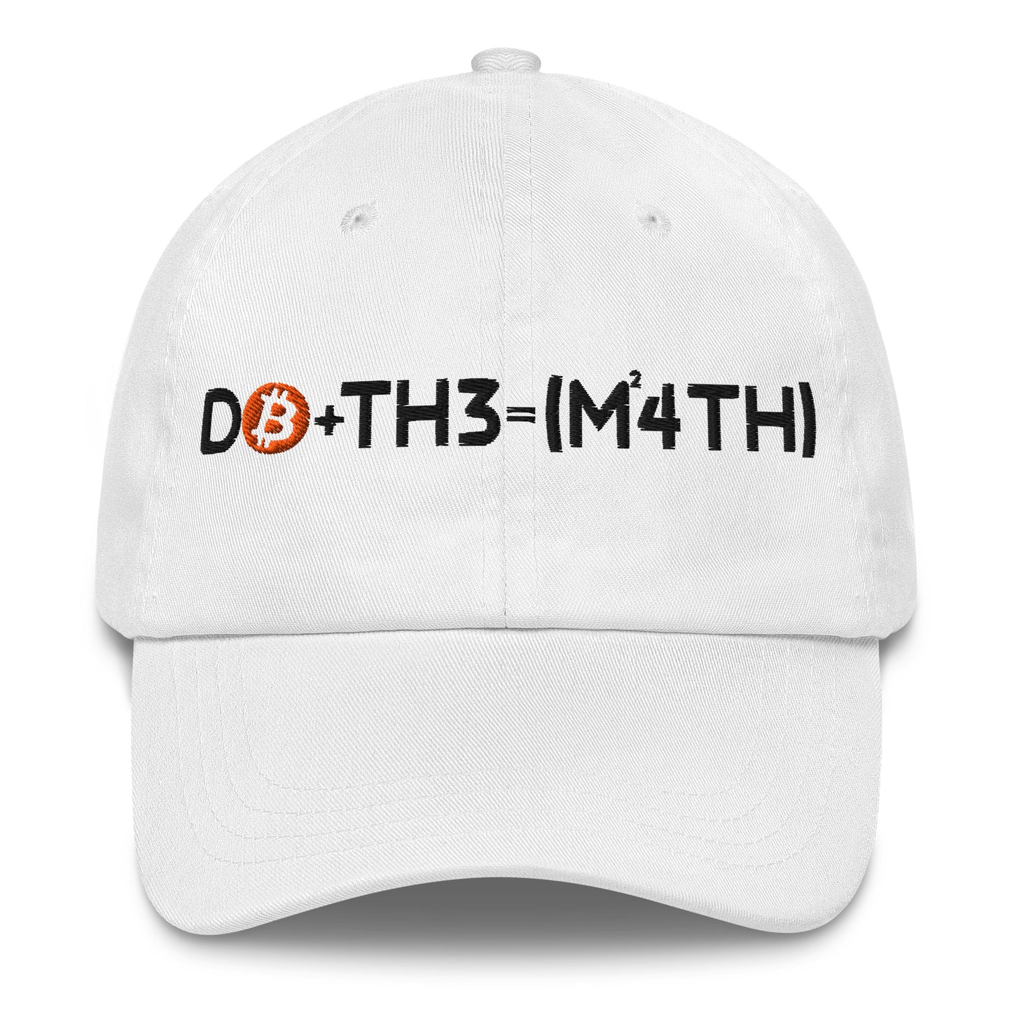 White cap with Bitcoin-themed do the math text on a white background