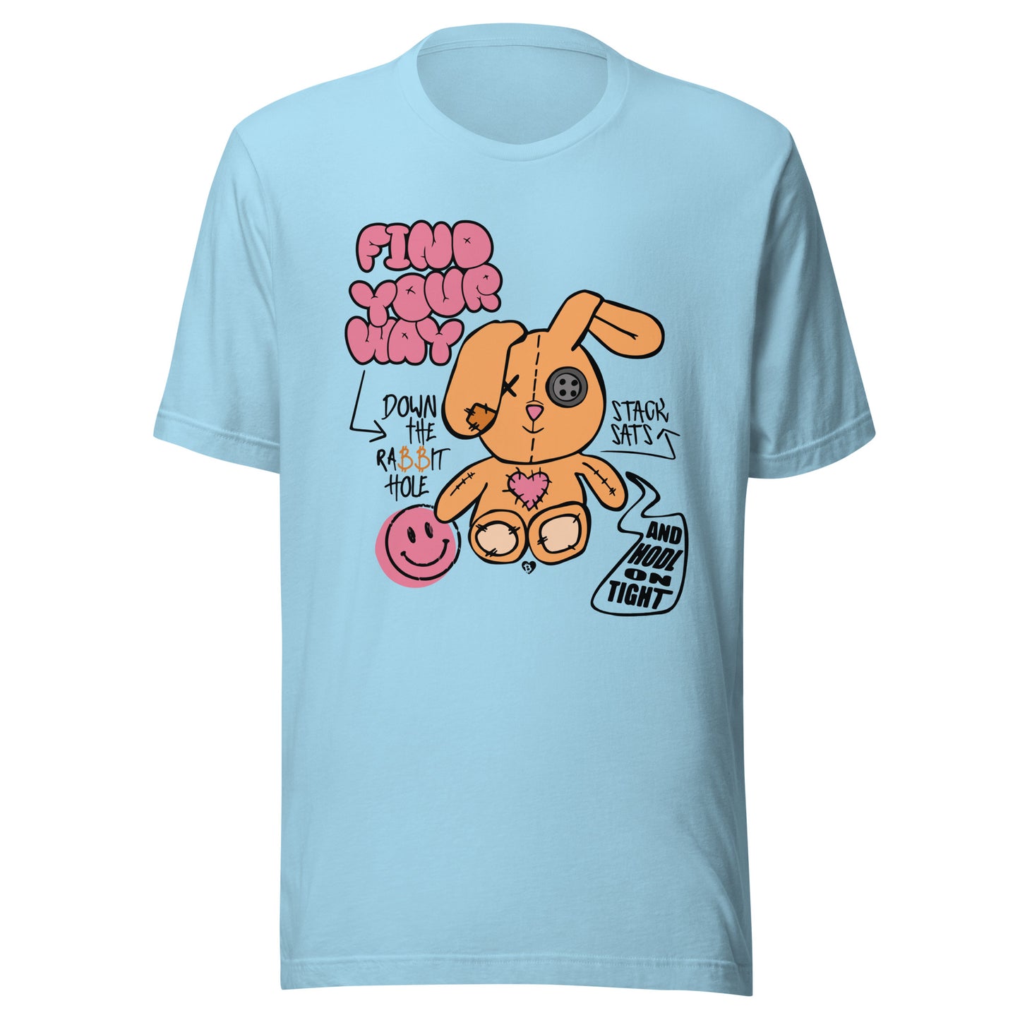 Light blue t-shirt with cartoon bitcoin bunny and text design on a white background