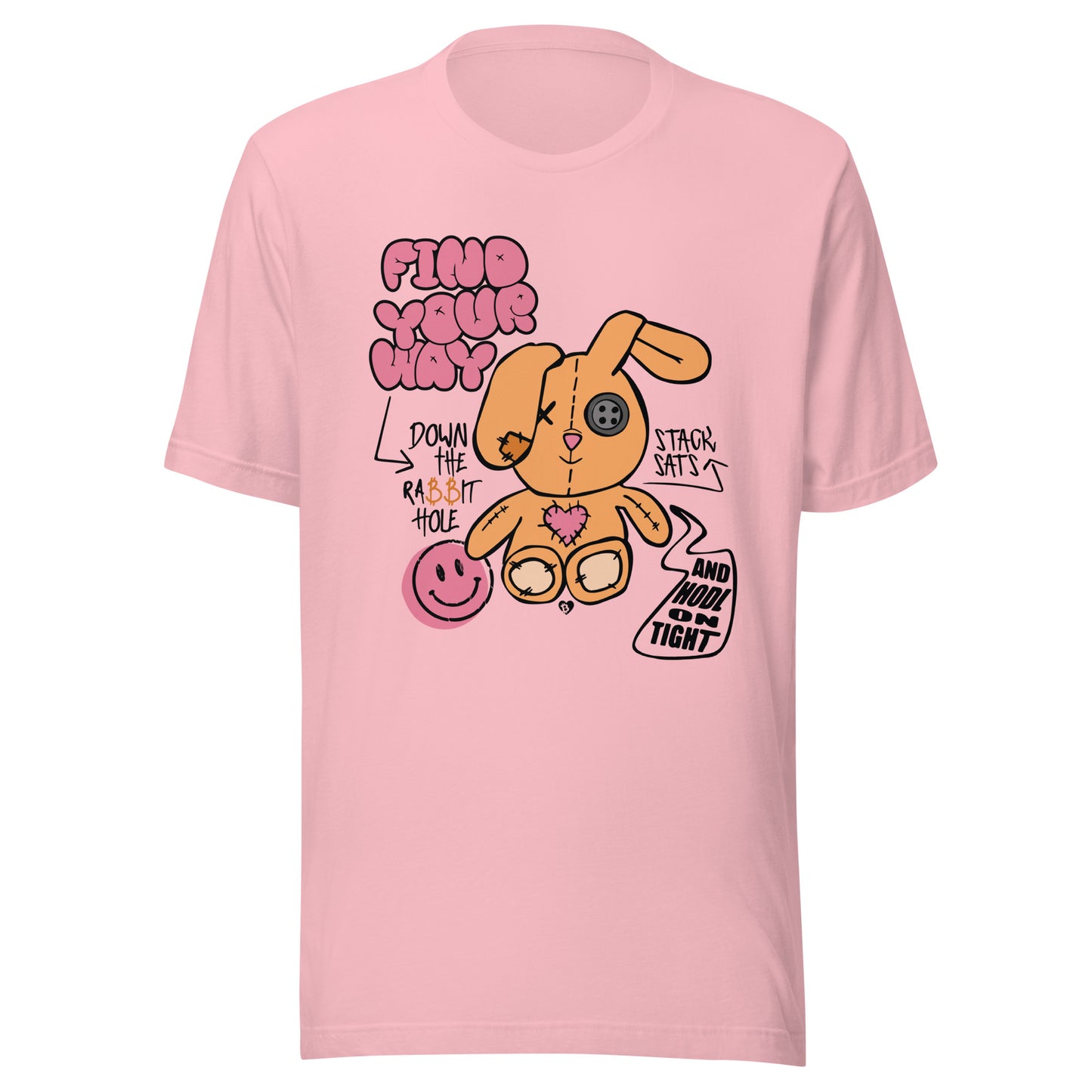 Pink t-shirt with cartoon bitcoin bunny and text design on a white background