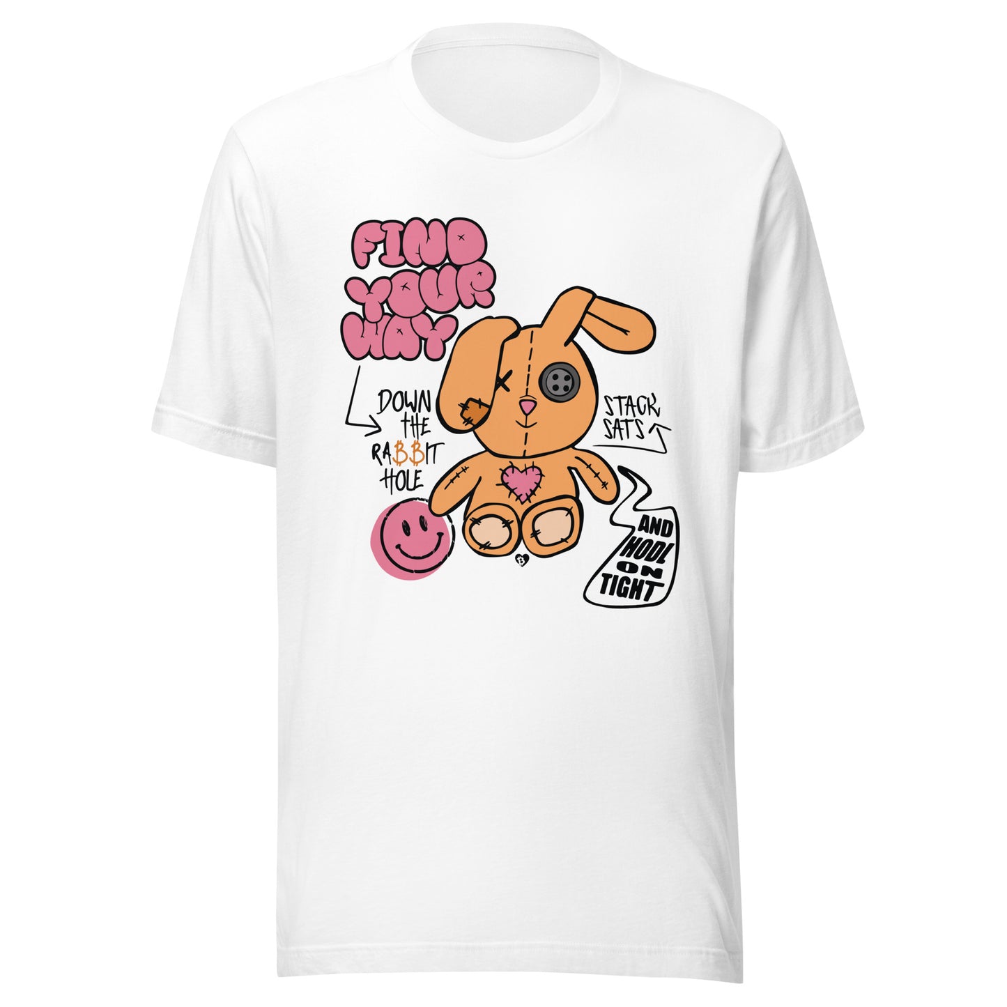 White t-shirt with cartoon bitcoin rabbit design and text on a white background