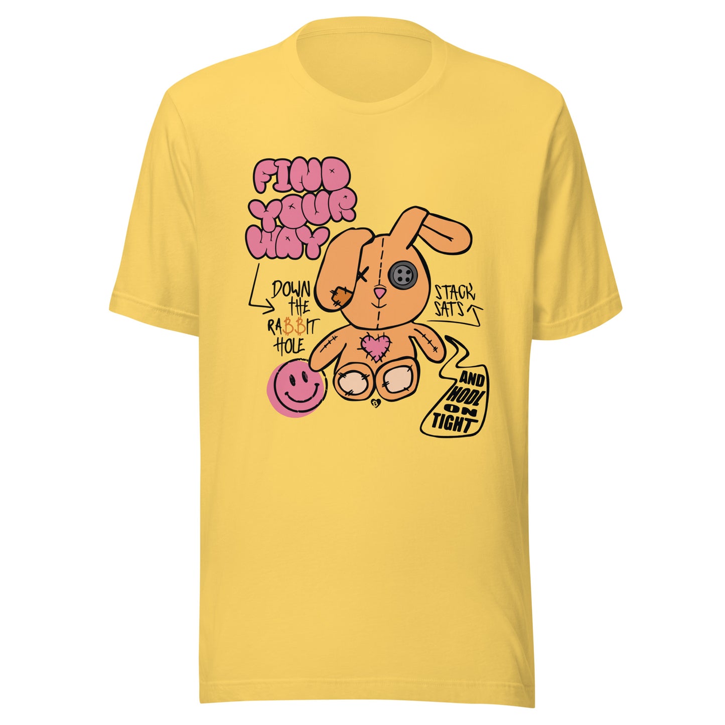 Yellow t-shirt with a cartoon bitcoin bunny and text design on a white background