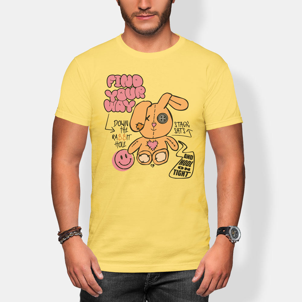 Person wearing a yellow t-shirt with a bitcoin rabbit graphic design and text.