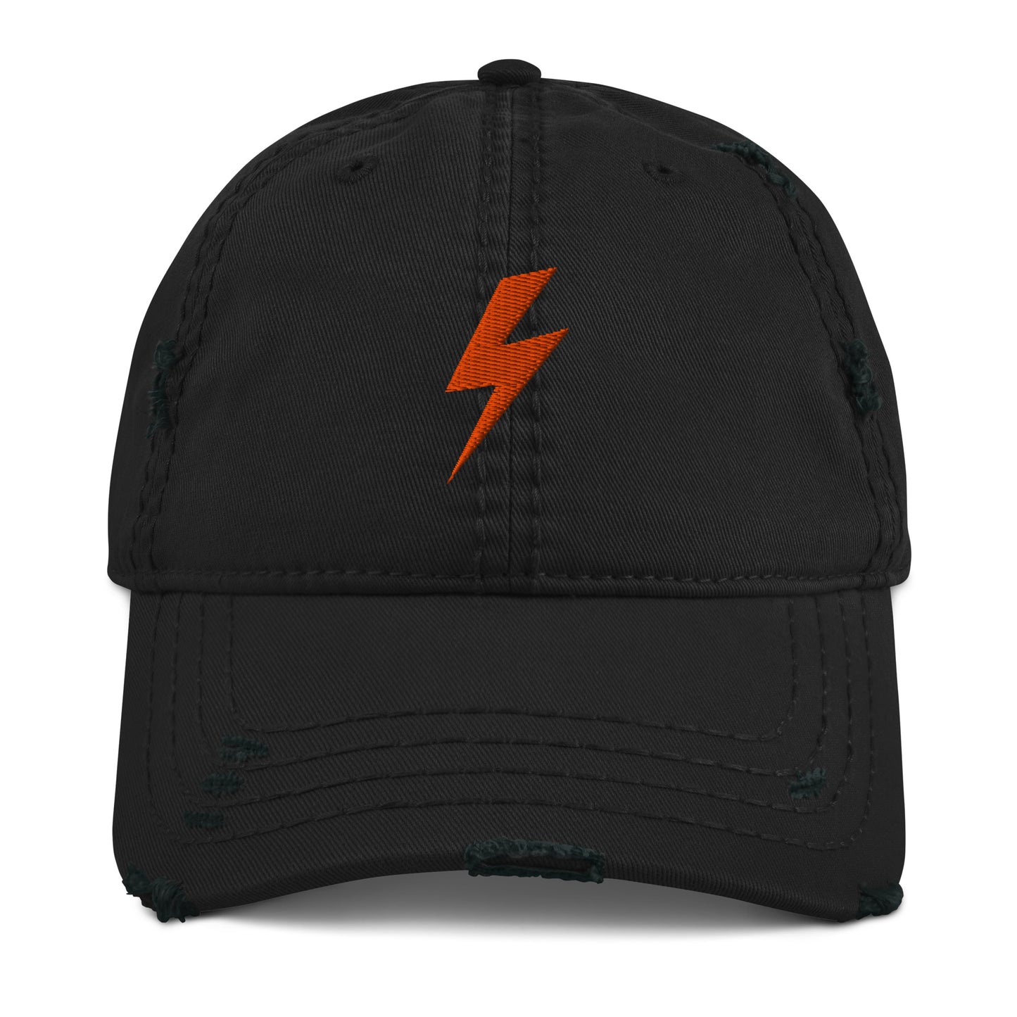 Black cap with an orange lightning bolt emblem on a white background