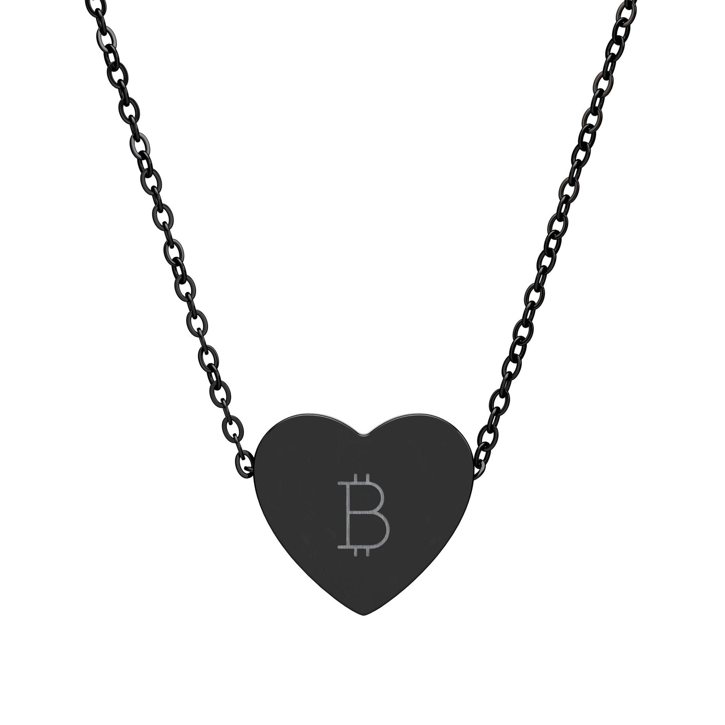 Black heart-shaped pendant with Bitcoin symbol on a chain against a white background