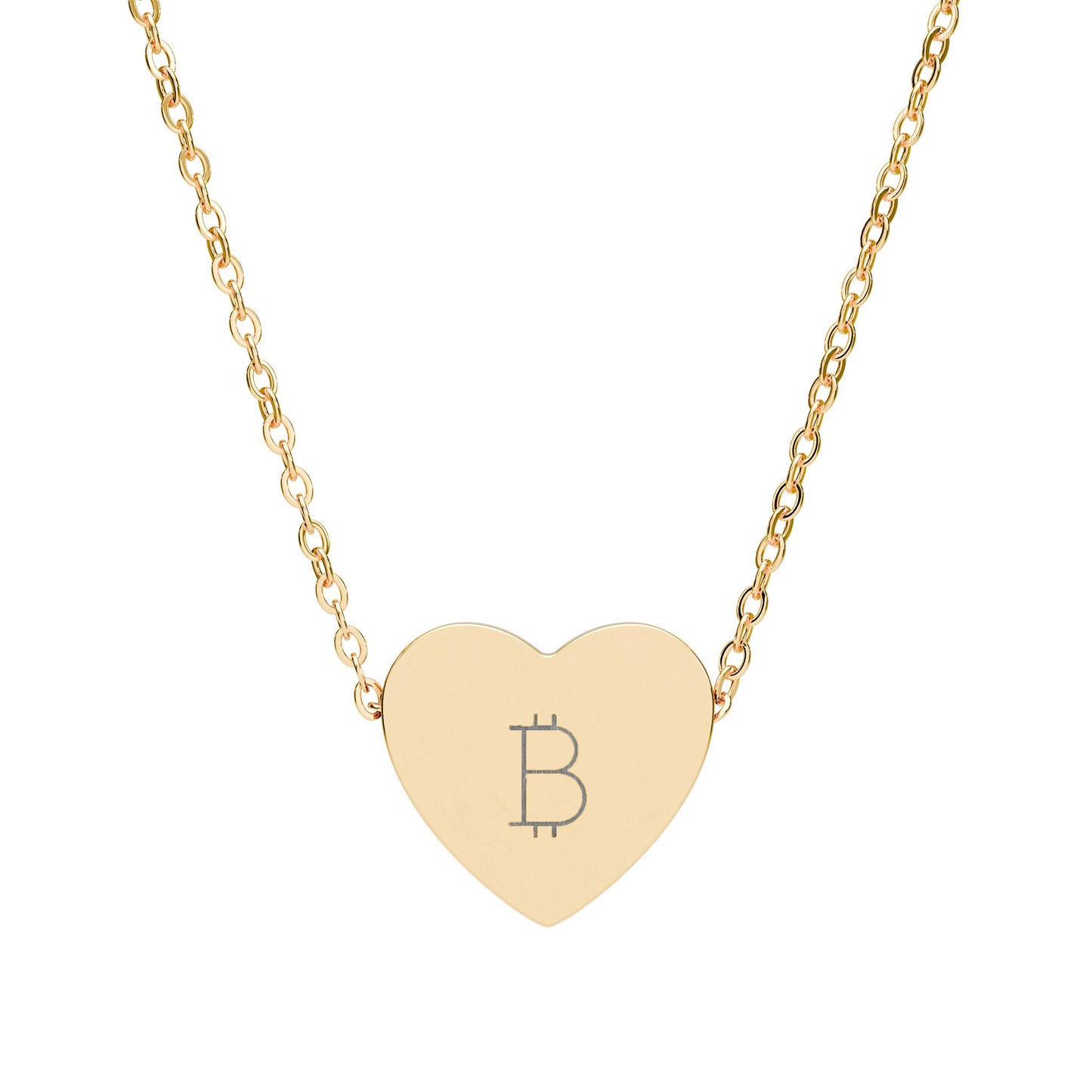 Gold necklace with a heart-shaped pendant featuring the Bitcoin symbol on a white background