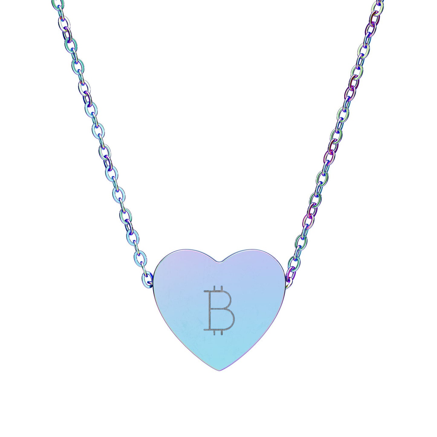 Heart-shaped pendant with Bitcoin symbol on a colorful chain against a white background