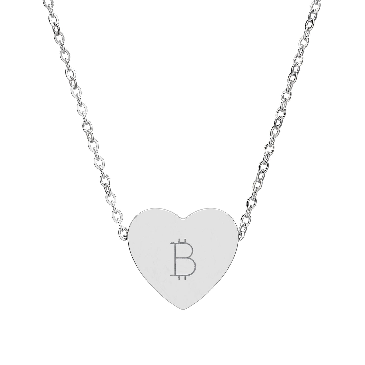 Heart-shaped necklace with Bitcoin symbol on a white background