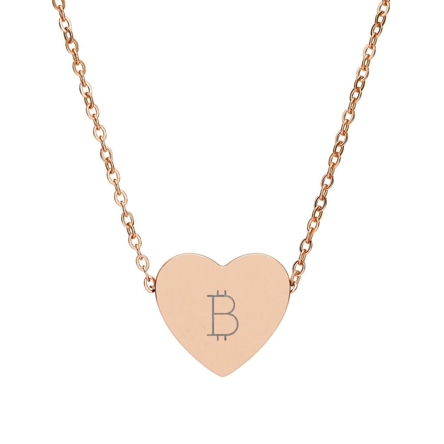 Rose gold necklace with a heart-shaped pendant featuring the Bitcoin symbol on a white background