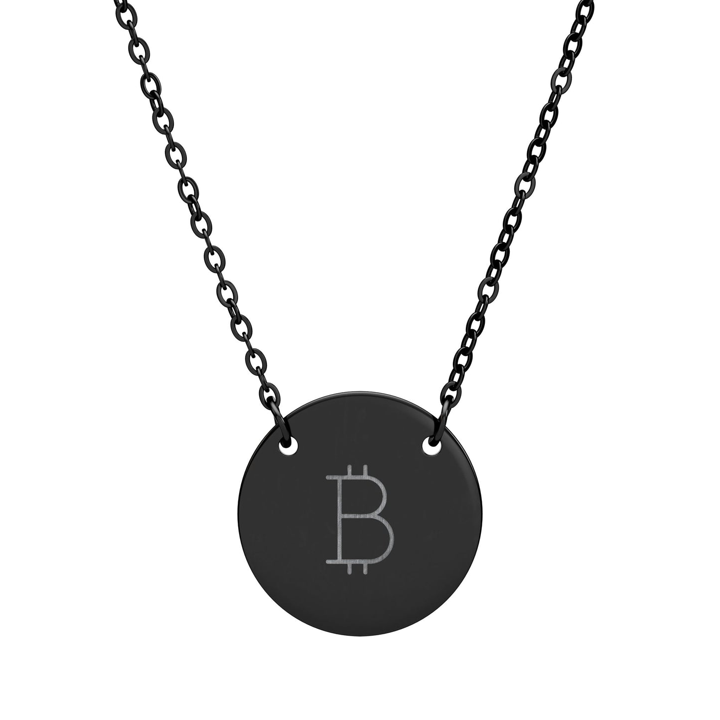 Black necklace with a round pendant featuring the Bitcoin symbol on a white background