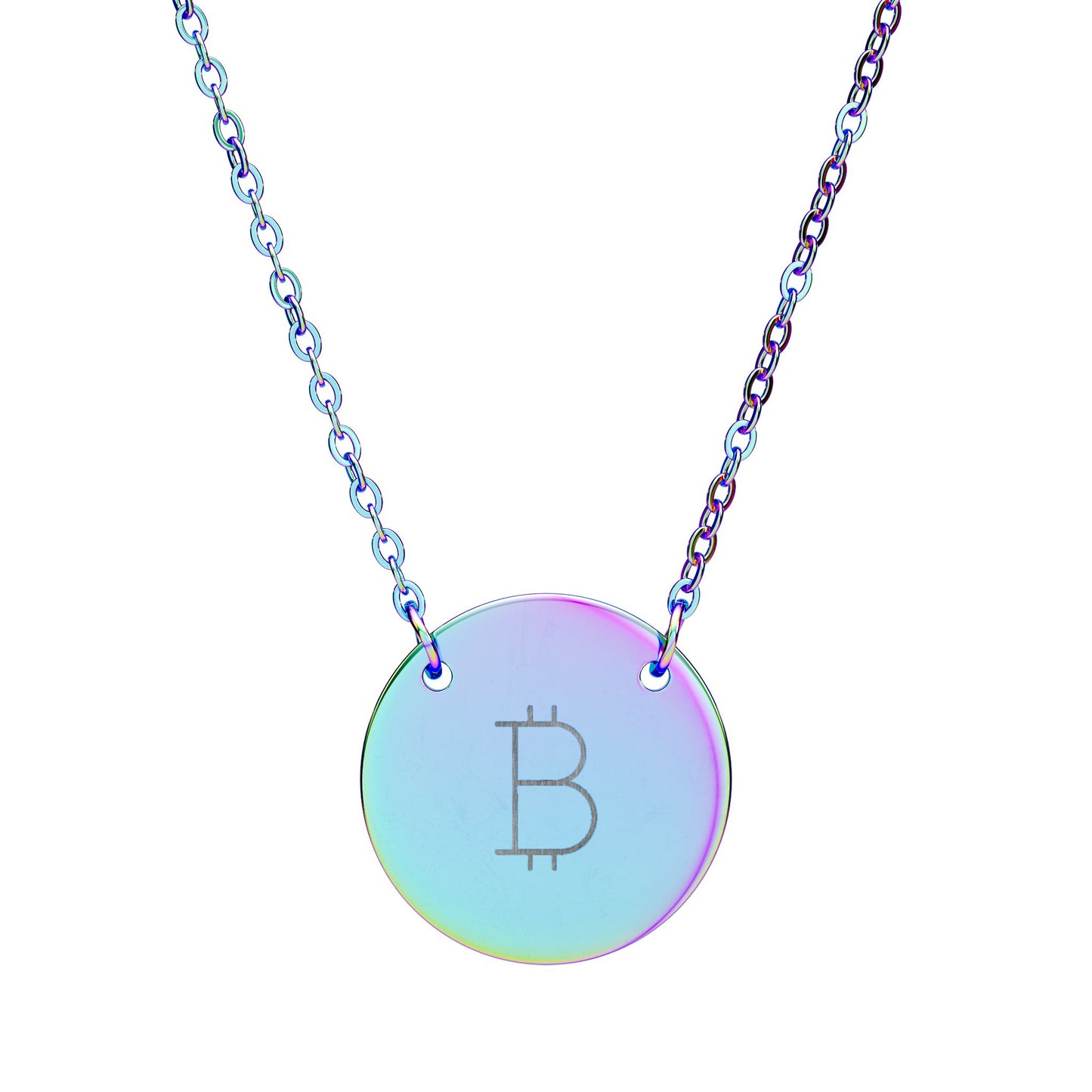 Necklace with a round, iridescent pendant featuring the Bitcoin symbol on a white background.