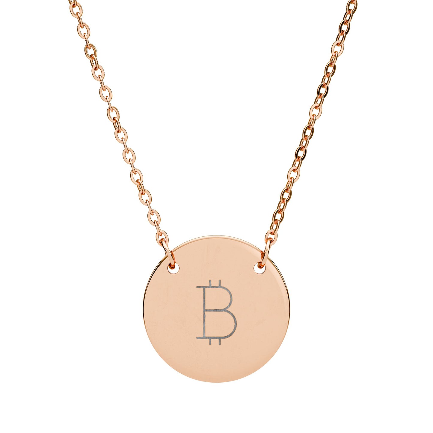 Rose gold necklace with a round pendant featuring the Bitcoin symbol on a white background