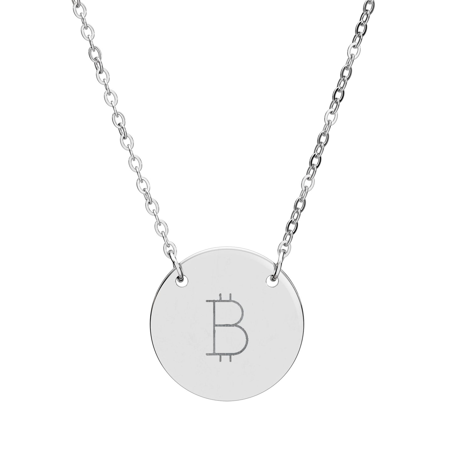 Silver necklace with a round pendant featuring the Bitcoin symbol on a white background