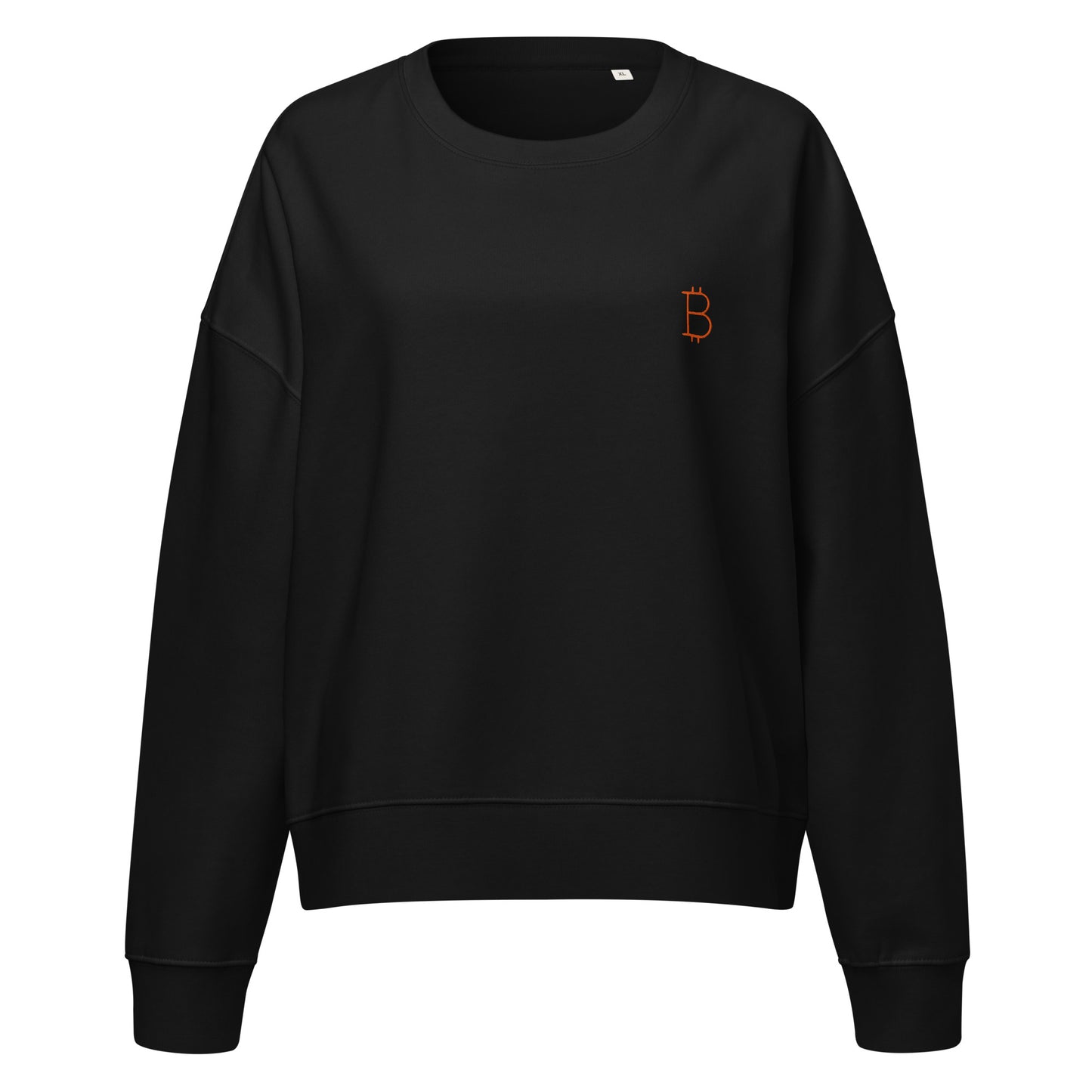 Black sweatshirt with a small orange bitcoin logo on a white background