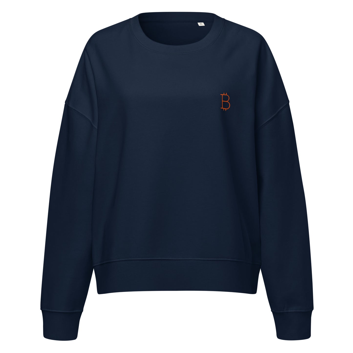 Navy blue sweatshirt with a small orange bitcoin logo on a white background