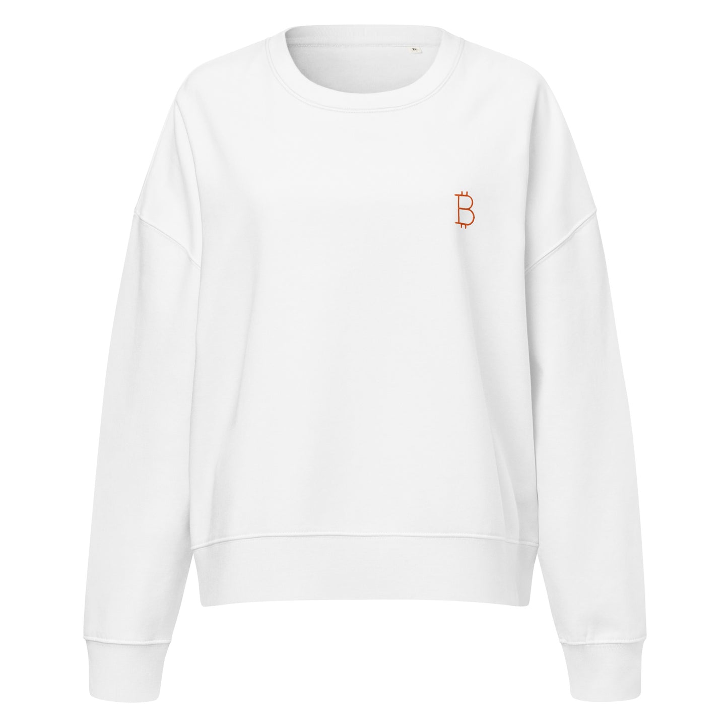 White sweatshirt with a small orange bitcoin logo on a white background
