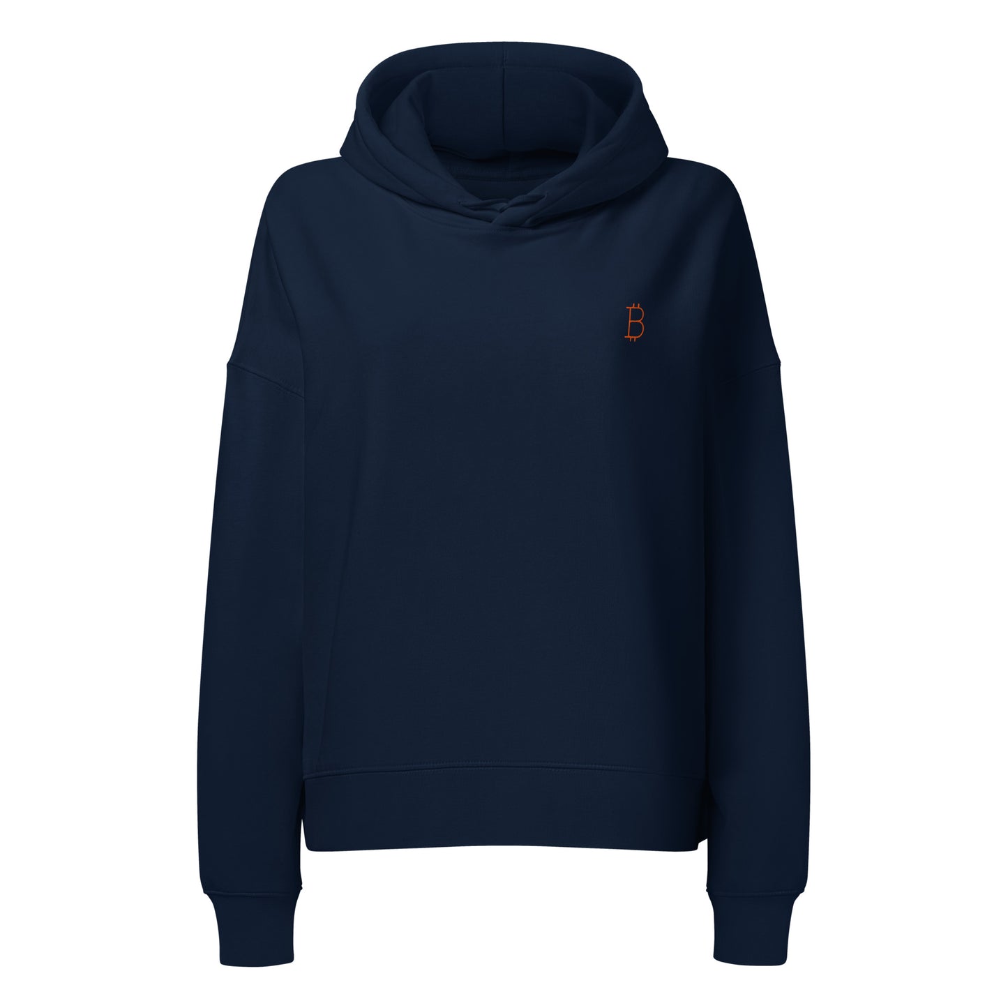 Navy blue hoodie with a small orange bitcoin logo on a white background