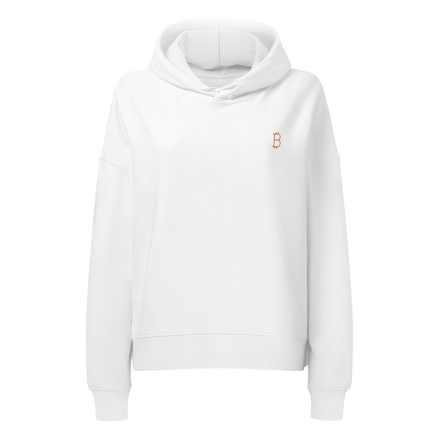 White hoodie with a small bitcoin logo on the chest against a white background
