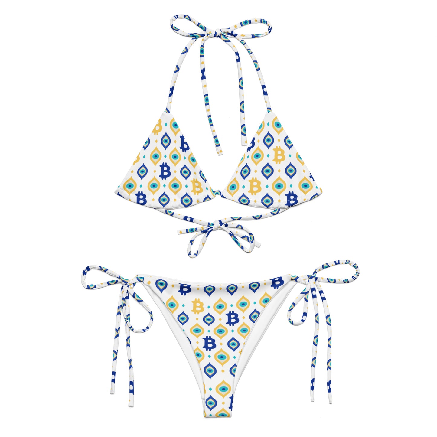 Two-piece swimsuit with geometric bitcoin pattern on a white background