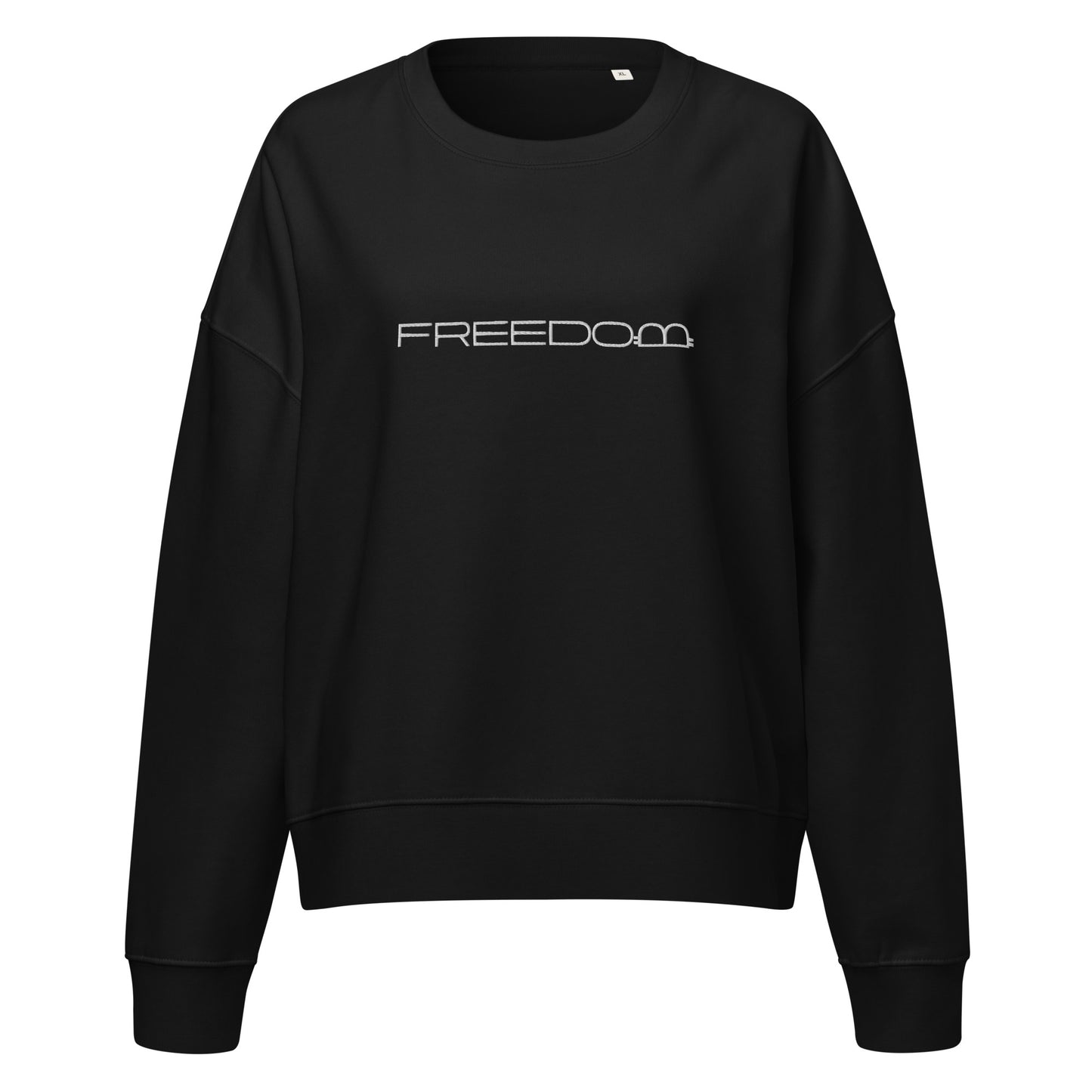 Black sweatshirt with 'FREEDOM' text with bitcoin symbol on a white background