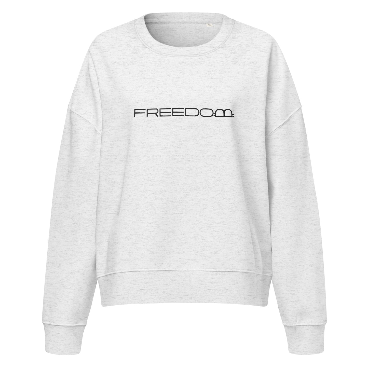 Gray sweatshirt with 'FREEDOM' text with bitcoin symbol on a white background