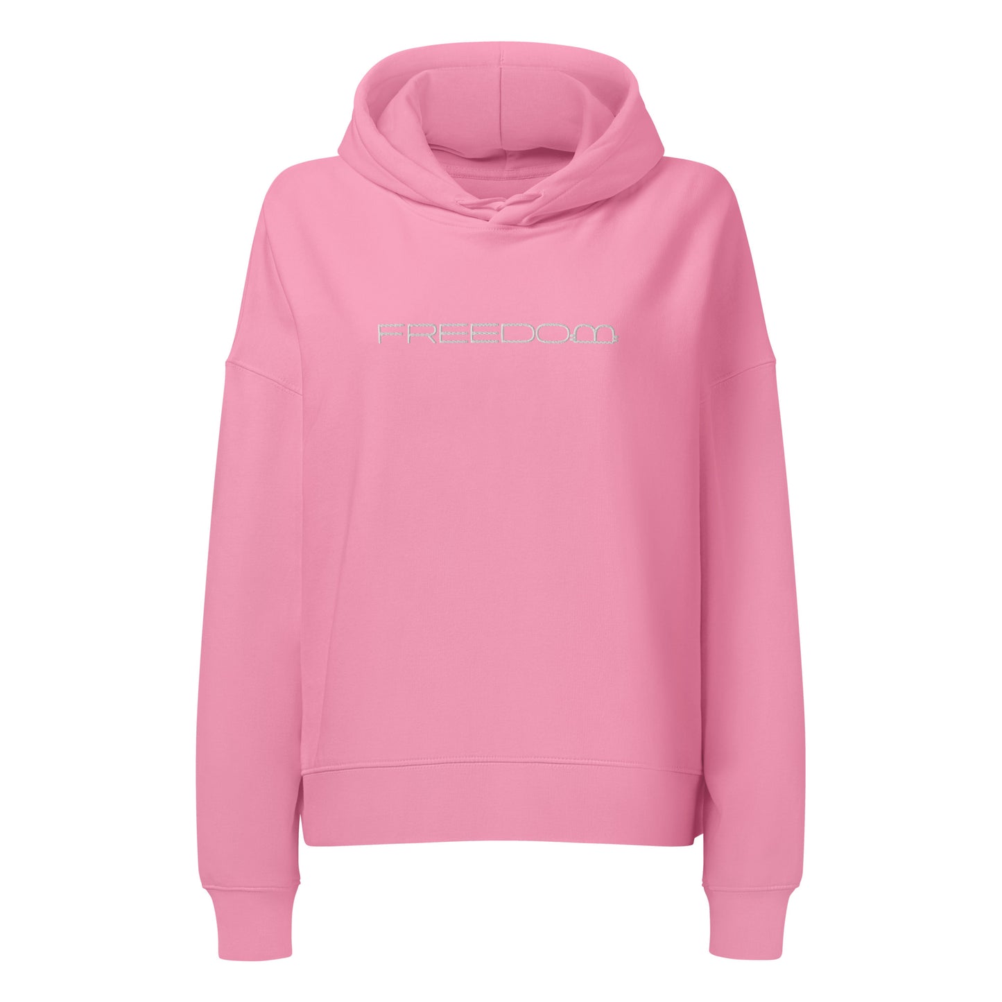 Pink hoodie with 'FREEDOM' text and a bitcoin symbol on a white background