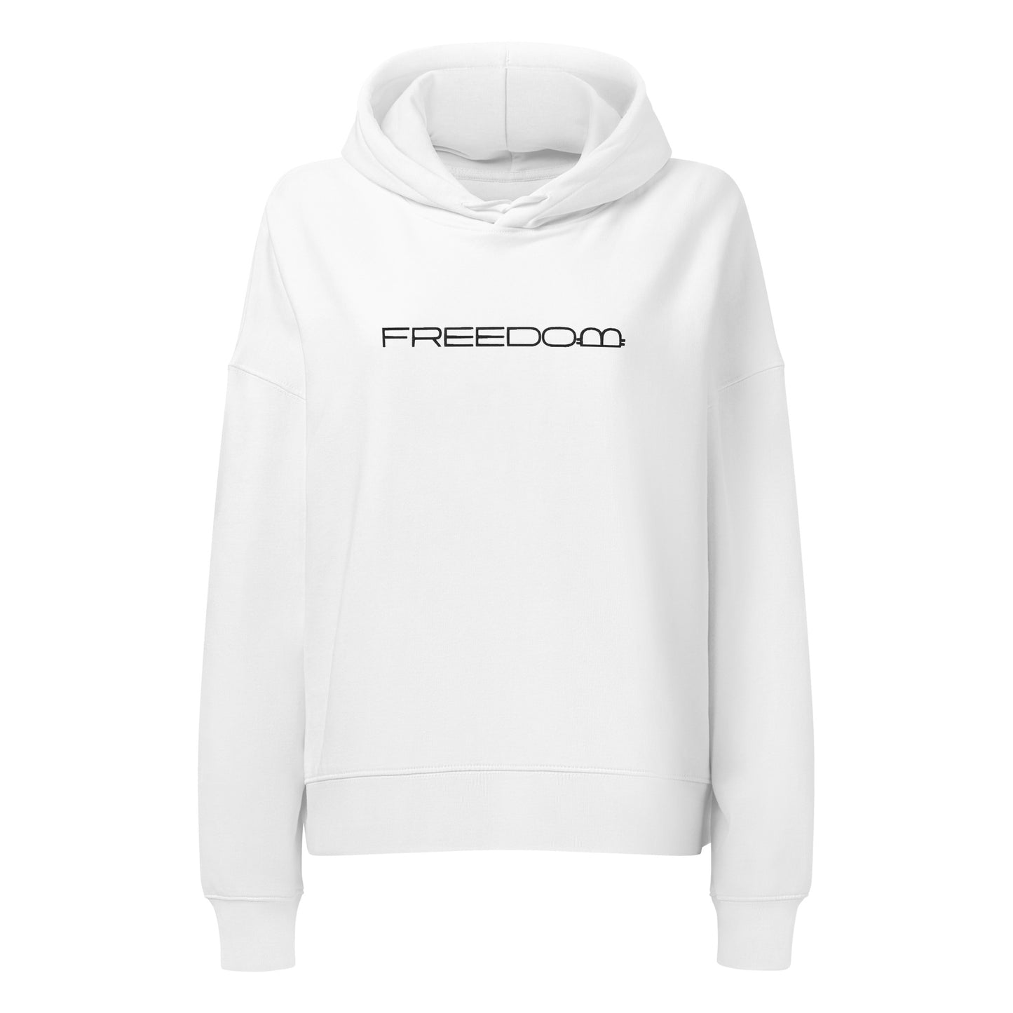 White hoodie with 'FREEDOM' text with a bitcoin symbol on a white background