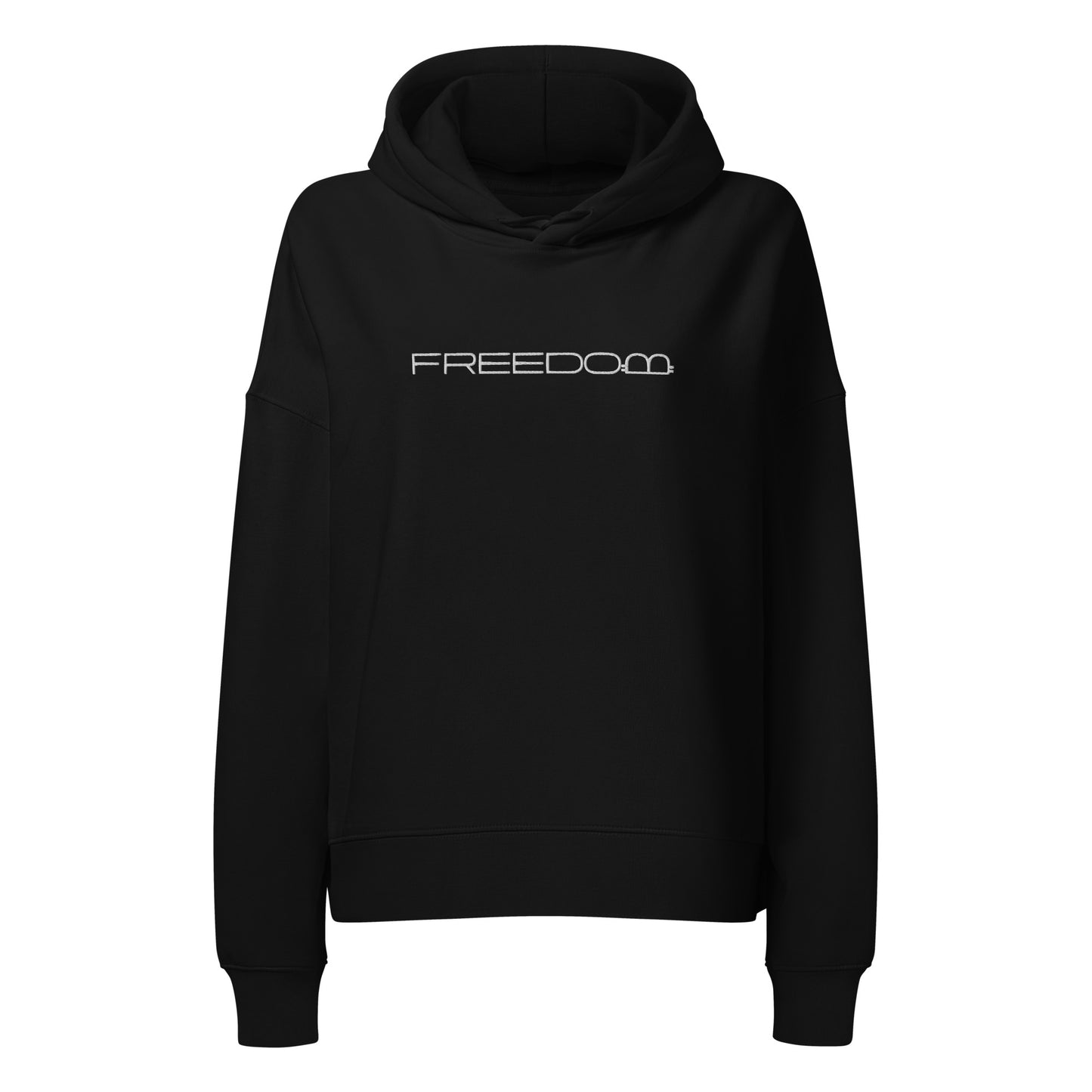 Black hoodie with 'FREEDOM' text with bitcoin symbol on a white background
